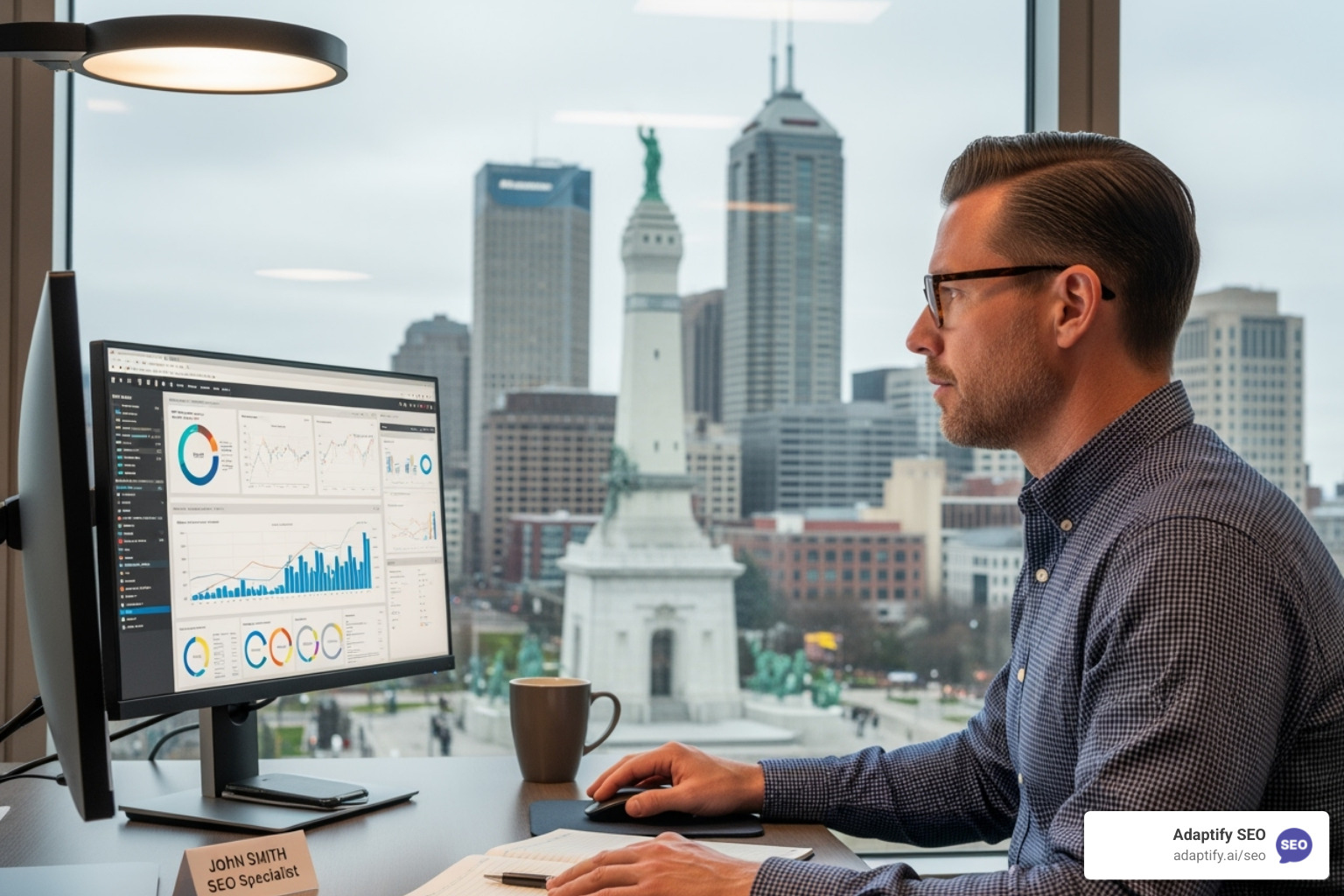 Person interviewing a candidate or looking at a computer screen with agency websites - Indianapolis SEO specialist