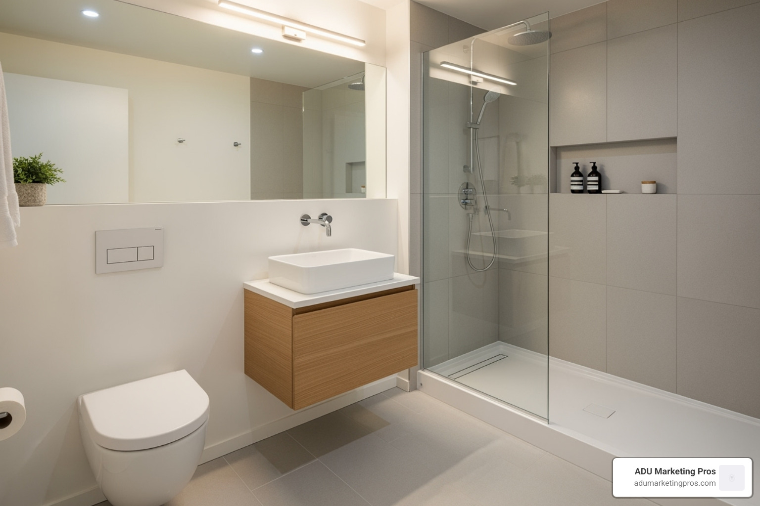 Modern bathroom in an ADU featuring a low-flow toilet and a sleek, water-saving faucet - sustainable ADU designs