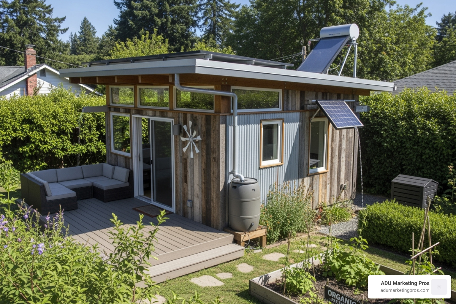 Architectural blueprint of an ADU with callouts highlighting sustainable features like passive solar orientation, green roof, and rainwater collection - sustainable ADU designs