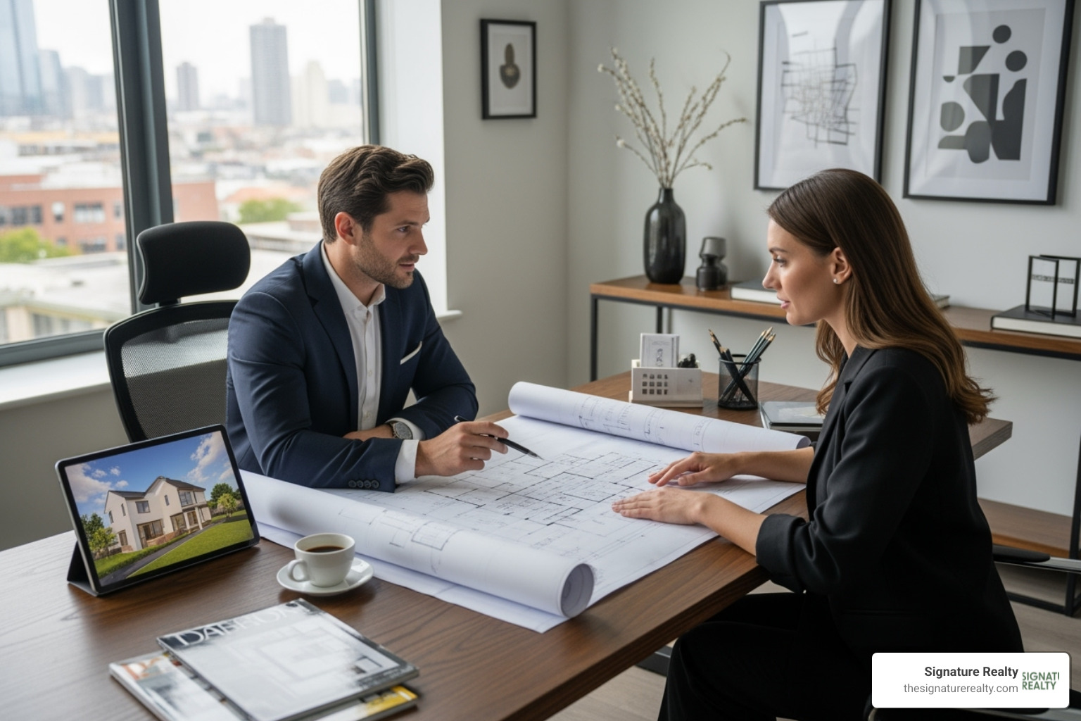 a professional real estate agent reviewing blueprints with a client - wynwood commercial properties for sale