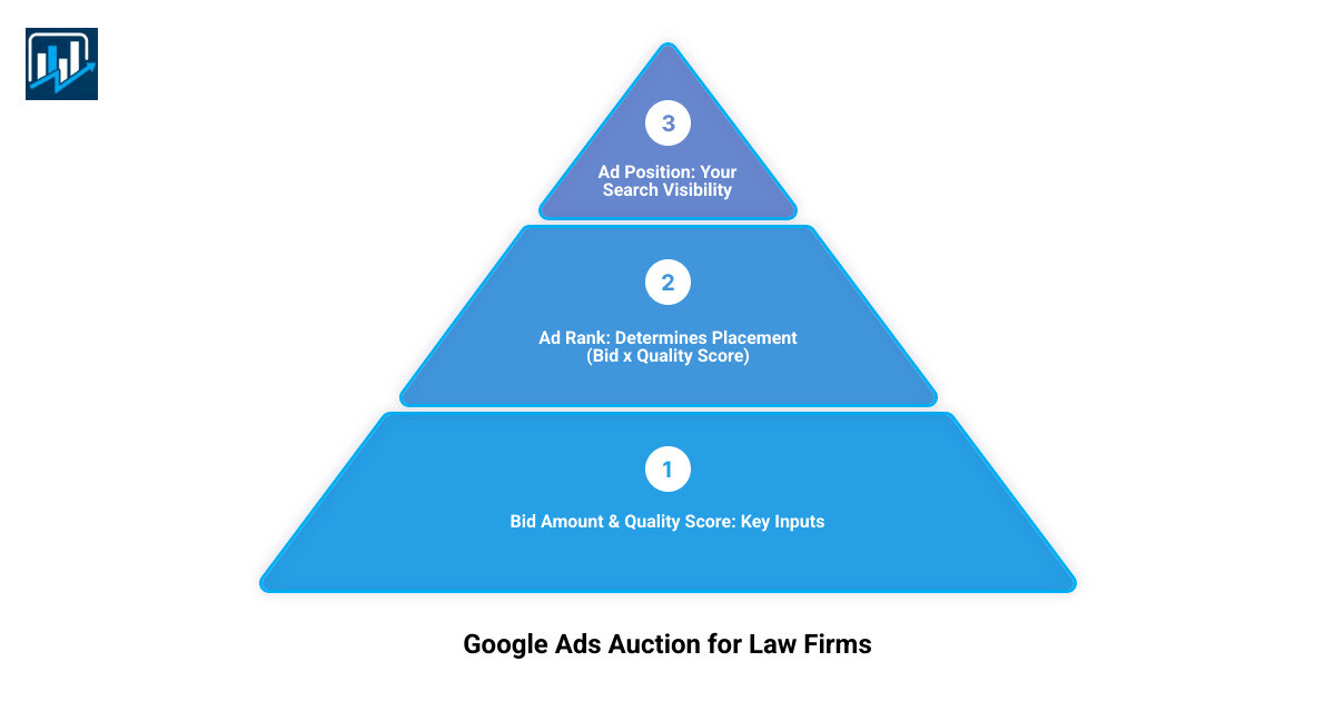 Detailed infographic showing the Google Ads auction process for legal keywords, displaying how bid amount, Quality Score, and Ad Rank determine ad position for a legal search query. - Law firm Google ads infographic three stage pyramid