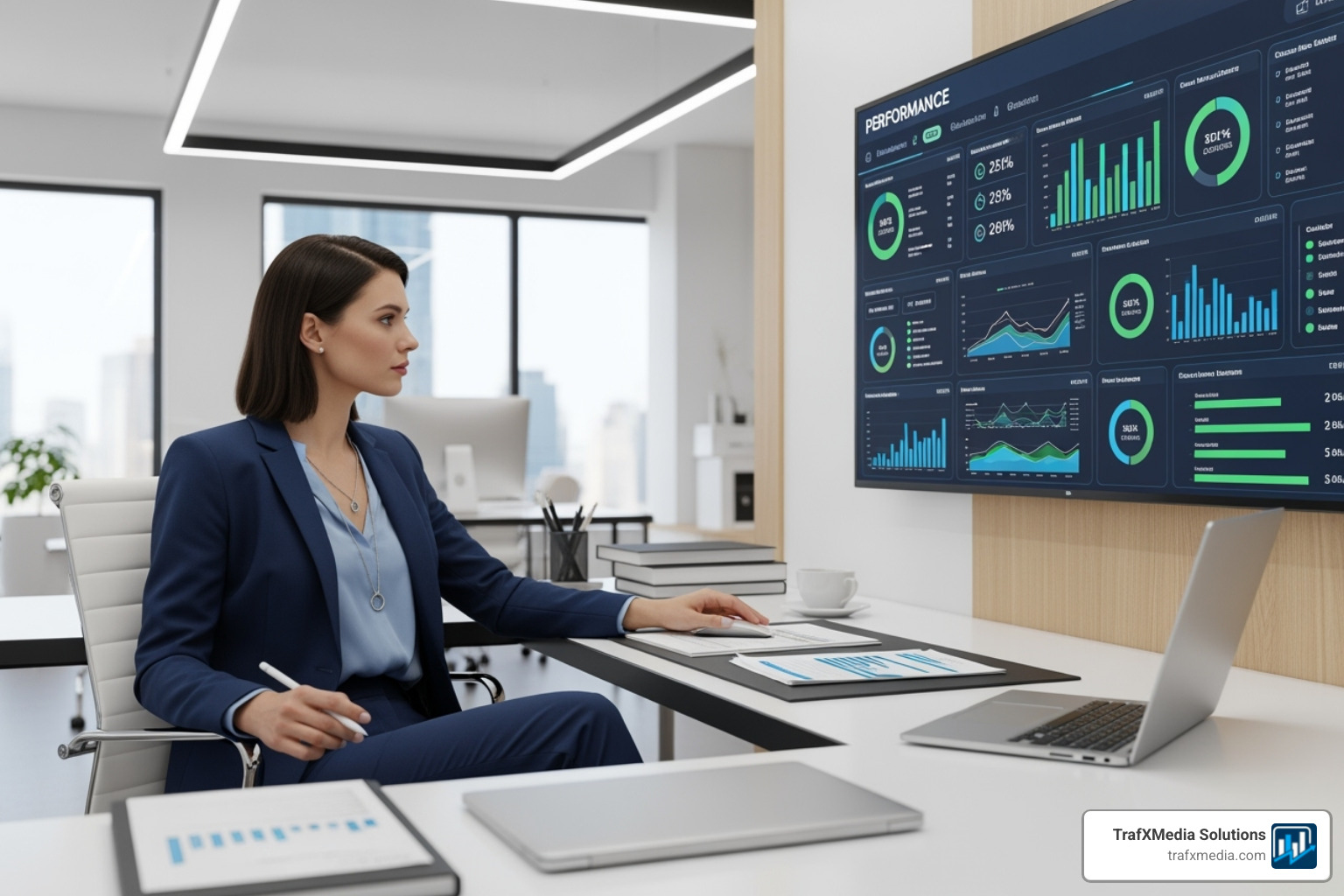 Well-dressed Caucasian female lawyer analyzing a performance dashboard on a large monitor in her office. - Law firm Google ads