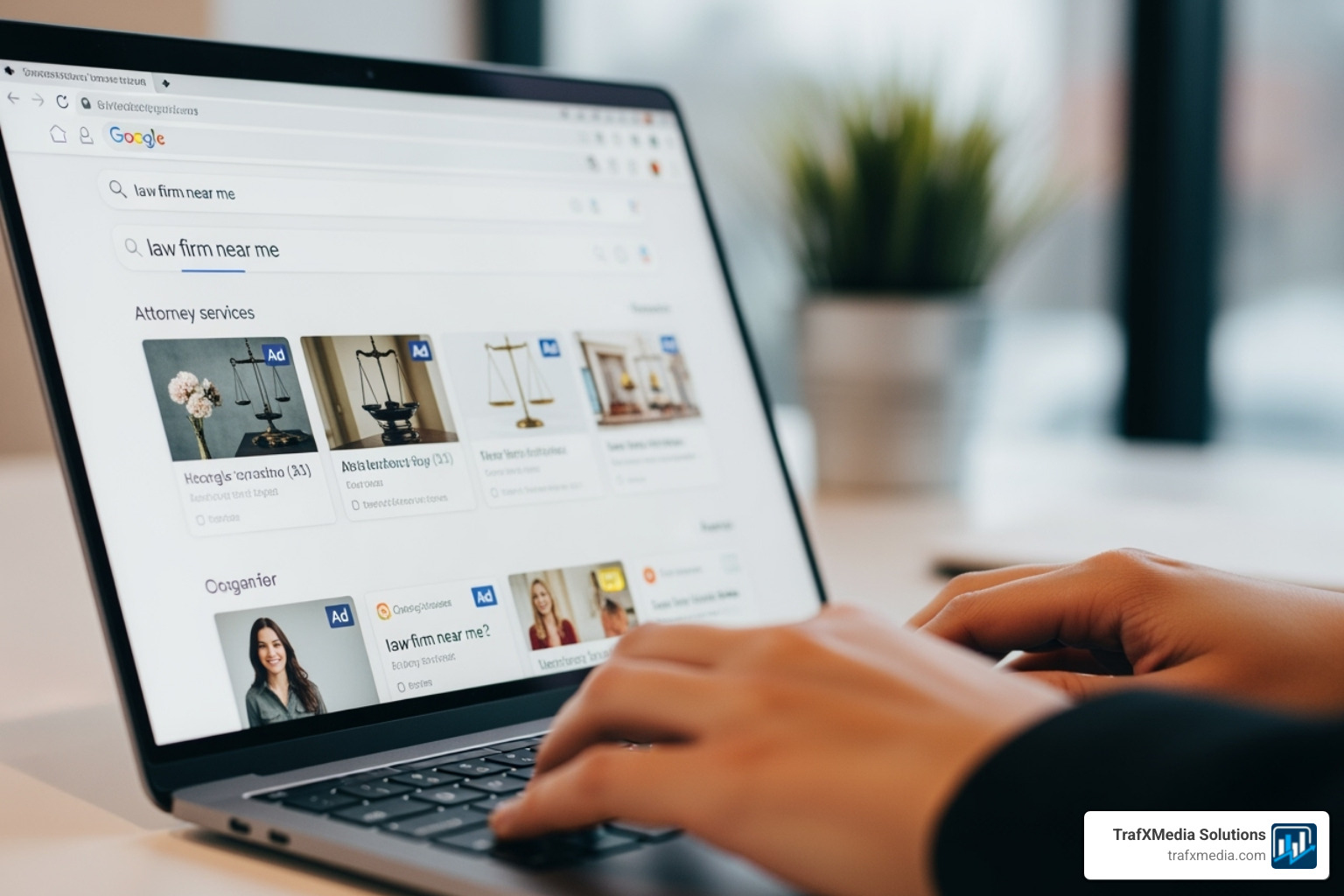Montage of different Google Ad formats on a laptop screen: a Search Ad, a Local Service Ad, and a YouTube video ad. - Law firm Google ads