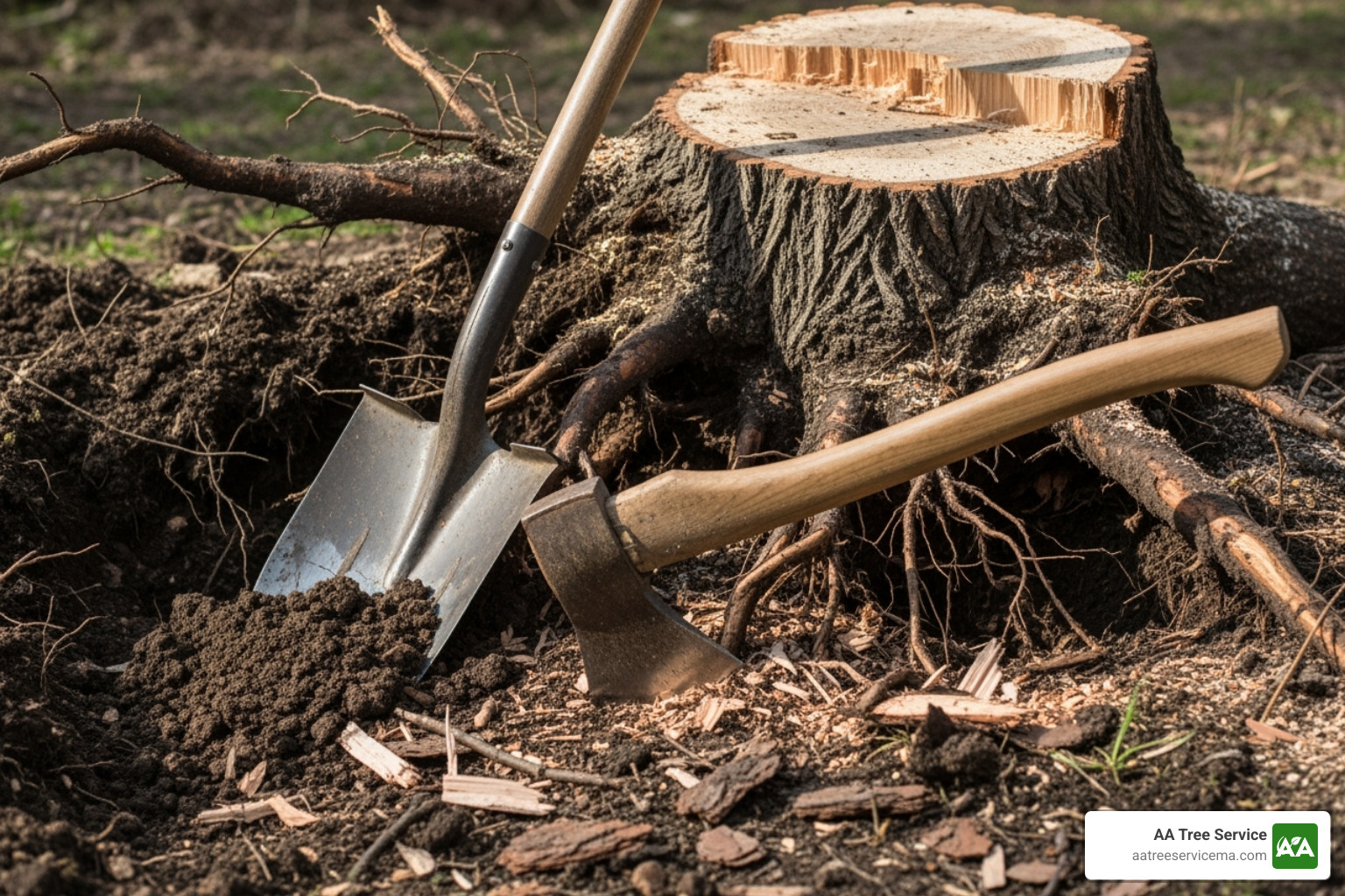 Someone digging around a stump with a shovel and axe - Stump Removal