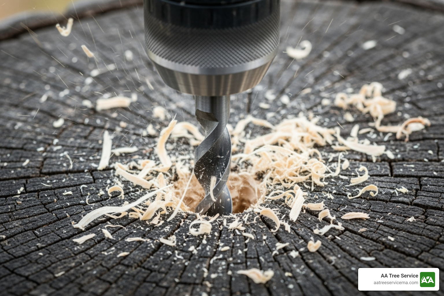 Holes being drilled into a tree stump - Stump Removal