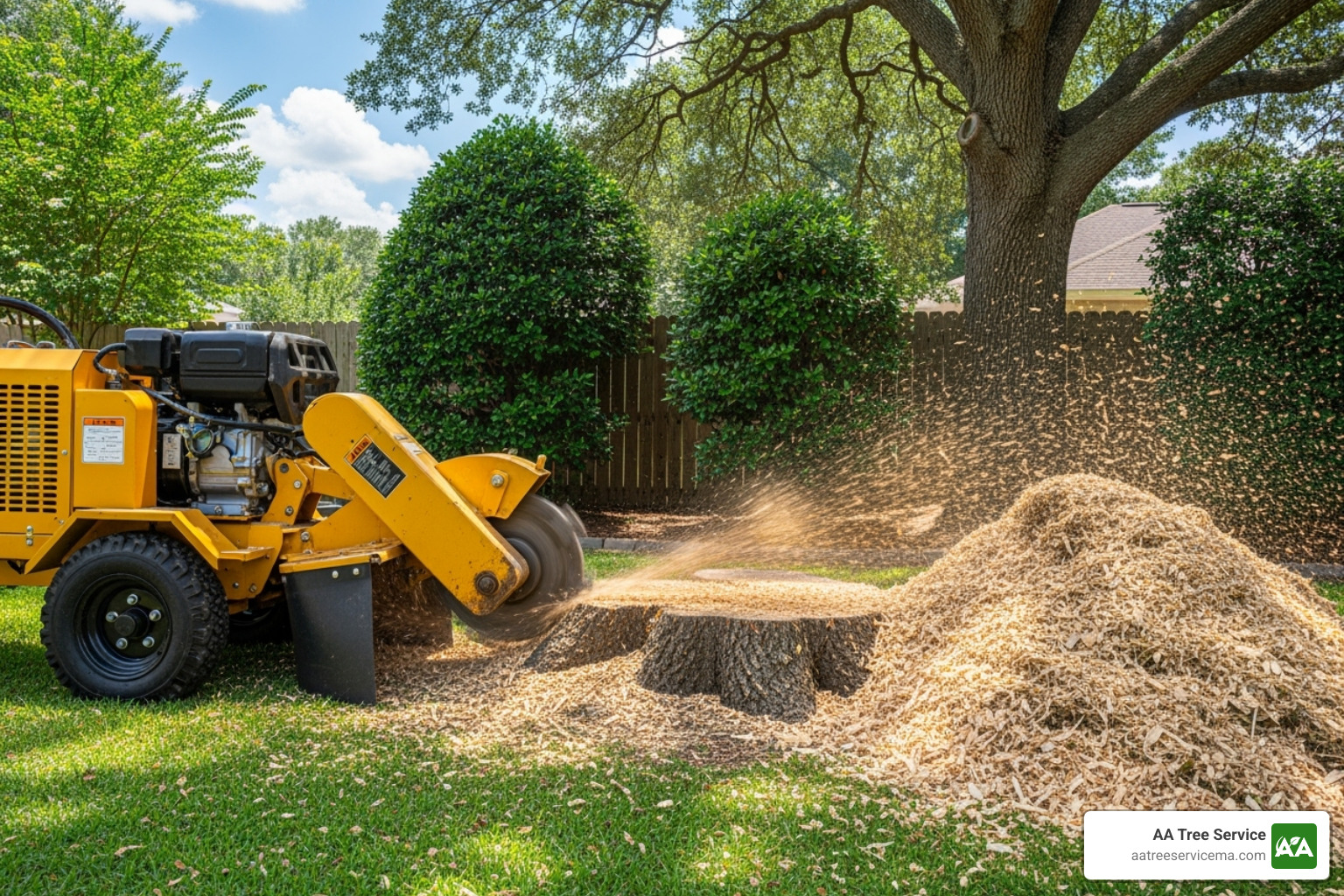 A professional stump grinder in action, turning a stump into wood chips - Stump Removal