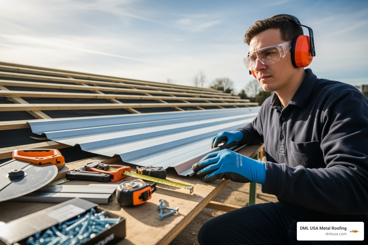 person wearing full PPE for metal roofing - how to cut standing seam metal roofing