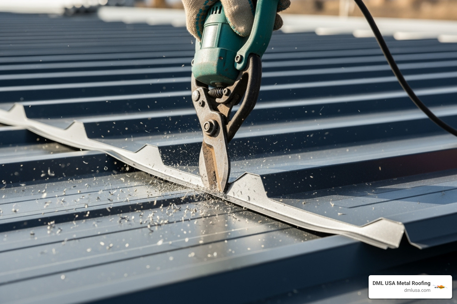 electric metal shears making a clean straight cut - how to cut standing seam metal roofing