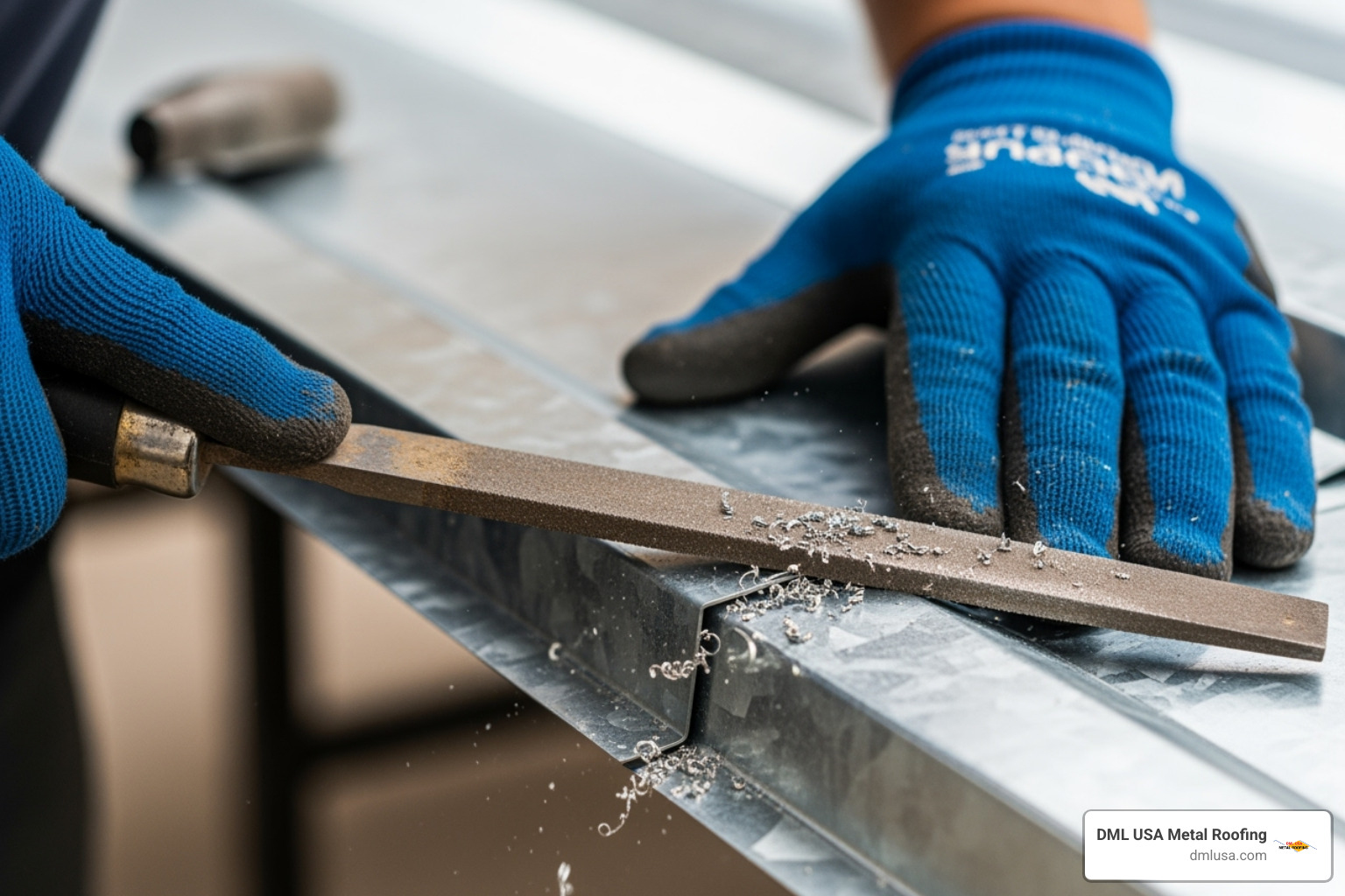 worker using metal file to deburr edge of cut panel - how to cut standing seam metal roofing
