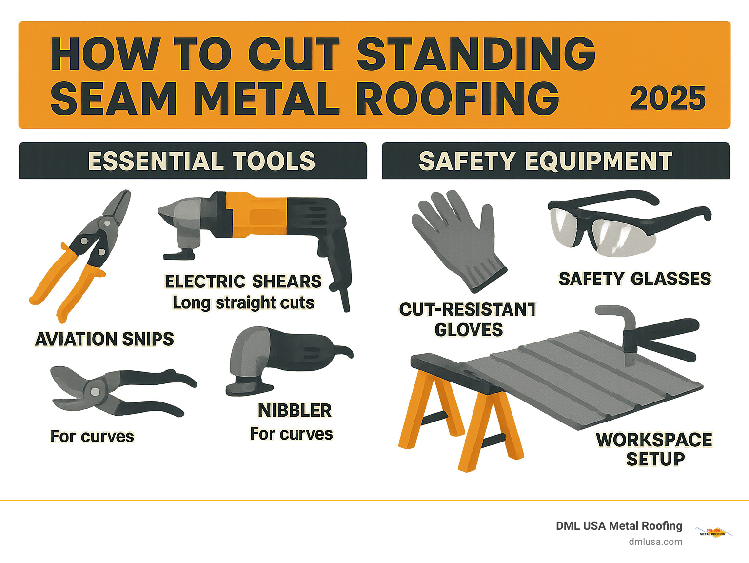 Infographic showing essential tools for cutting standing seam metal roofing: aviation snips for precision cuts, electric shears for long straight cuts, nibblers for curves, safety equipment including cut-resistant gloves and safety glasses, and workspace setup with sawhorses and clamps - how to cut standing seam metal roofing infographic 