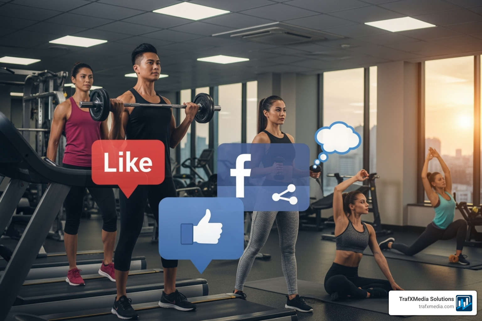 Facebook Ads targeting interface showing location, age, and interest options, with a focus on fitness-related interests for a diverse group of Caucasian and European descent individuals - Facebook marketing for gyms