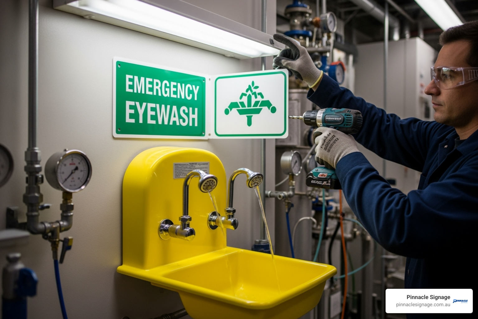 A person correctly installing an eyewash sign above a station, ensuring a clear line of sight and proper positioning. - eye wash signs