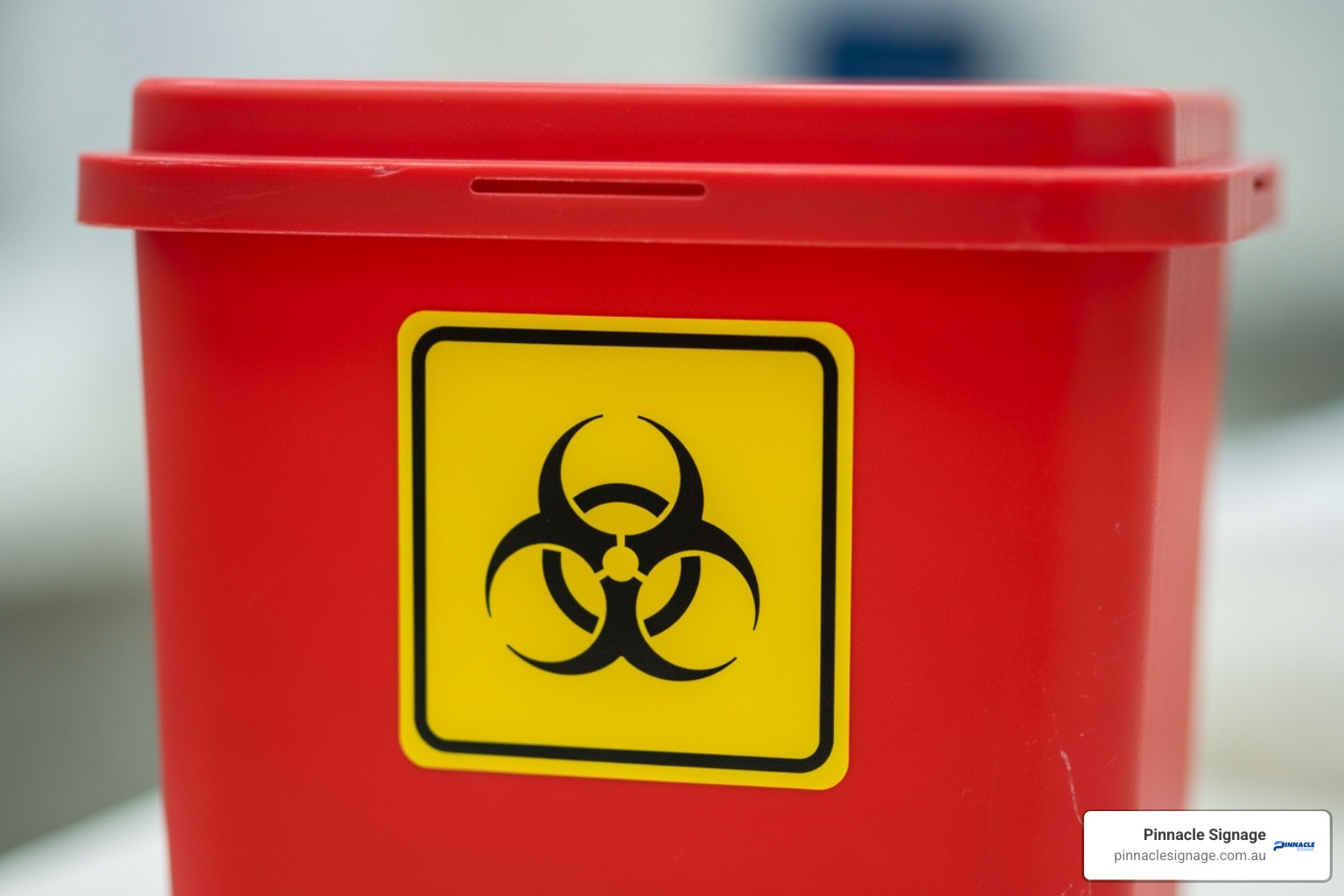 Biohazard sticker on sharps container