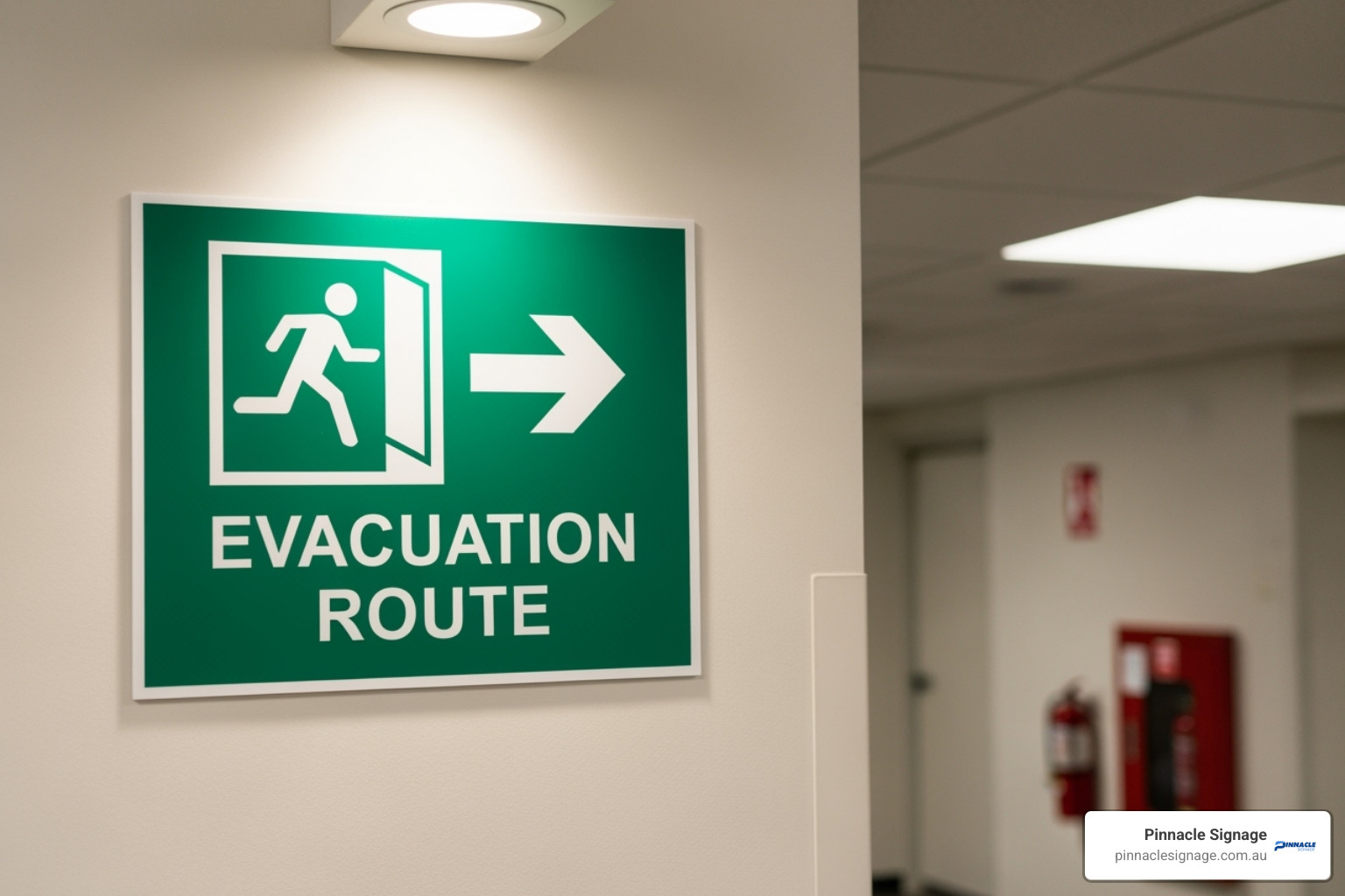 Wall-mounted evacuation diagram, with a person's finger tracing a route from "You Are Here" to a designated exit, showing the connection between maps and physical signs. - Evacuation route signs