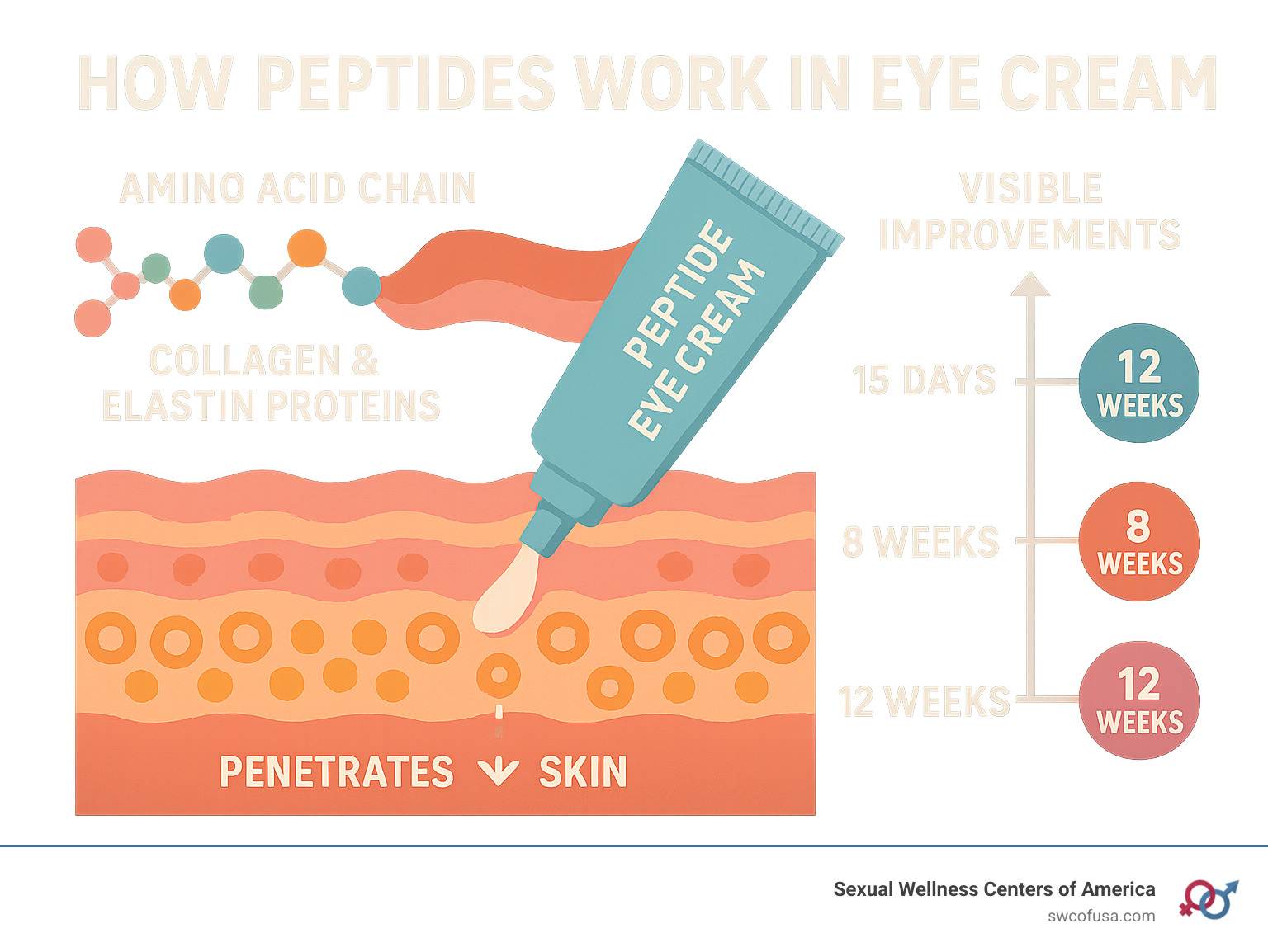 Detailed infographic showing how peptides work in eye cream formulations, including the molecular structure of amino acid chains forming collagen and elastin proteins, the penetration process through the skin barrier, and the timeline of visible improvements from 15 days to 12 weeks - peptide eye cream infographic Detailed infographic showing how peptides work in eye cream formulations, including the molecular structure of amino acid chains forming collagen and elastin proteins, the penetration process through the skin barrier, and the timeline of visible improvements from 15 days to 12 weeks - peptide eye cream infographic