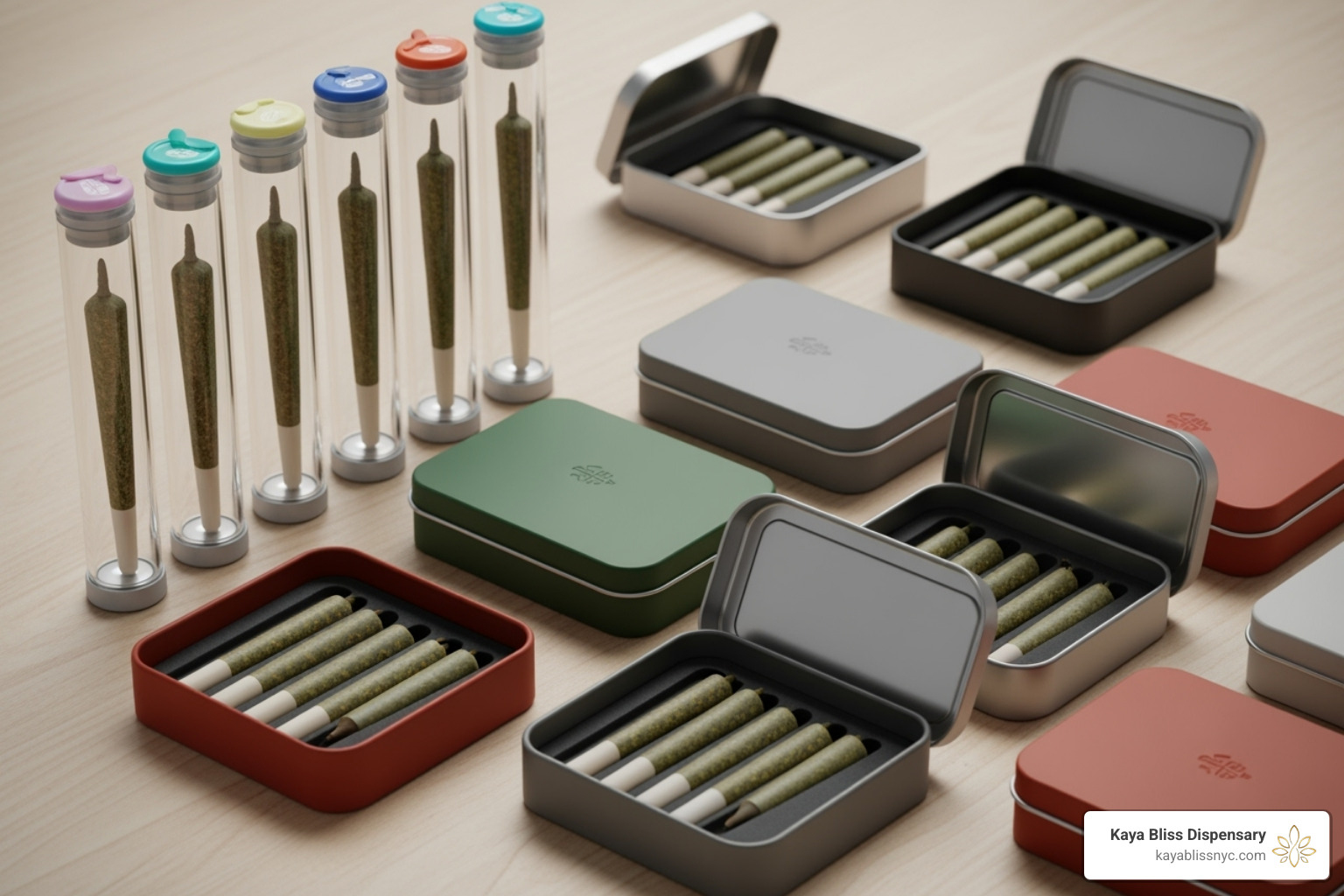 Neat pre-roll packaging, including glass tubes and branded tins - Top shelf pre rolls