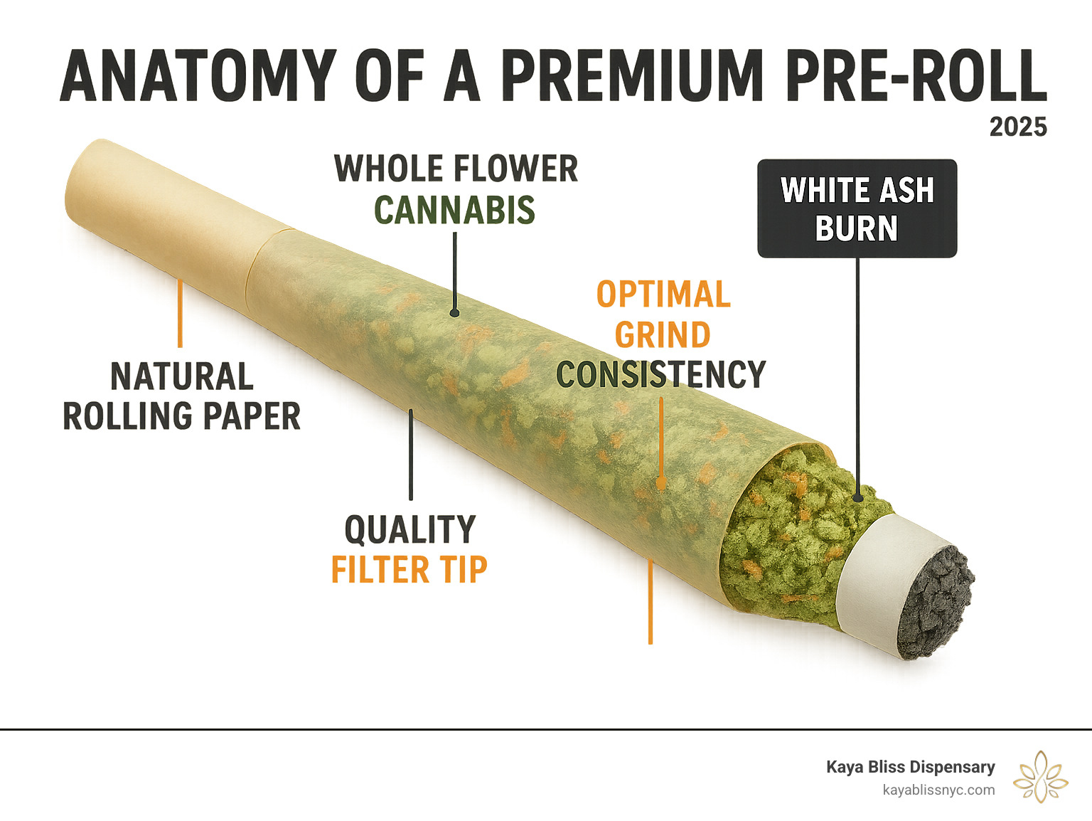 Detailed infographic showing the anatomy of a premium pre-roll with labels pointing to whole flower cannabis, natural rolling paper, quality filter tip, and optimal grind consistency, alongside quality indicators like white ash burn and terpene preservation - Top shelf pre rolls infographic 