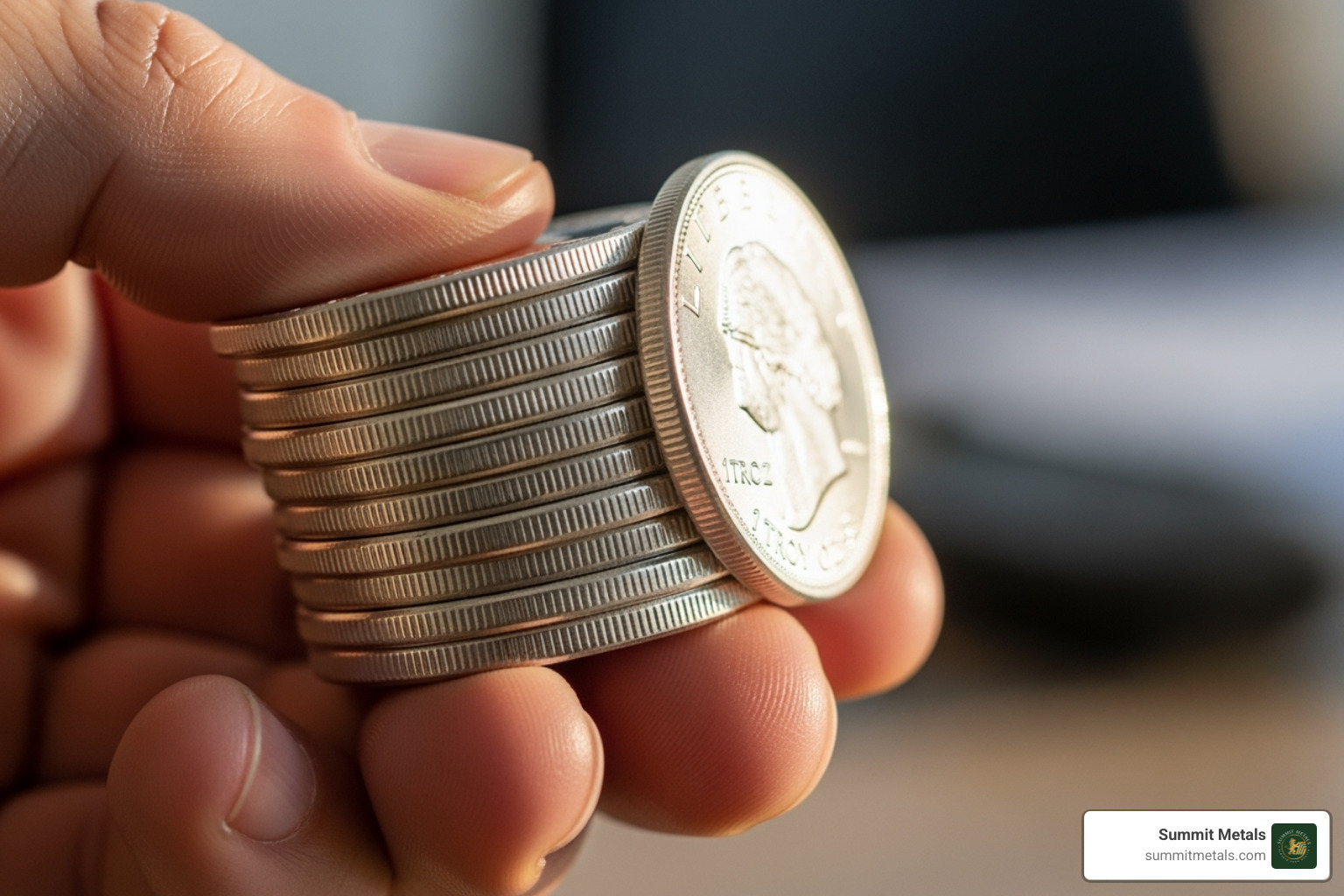 A hand holding a stack of silver rounds, symbolizing wealth - Buy silver rounds