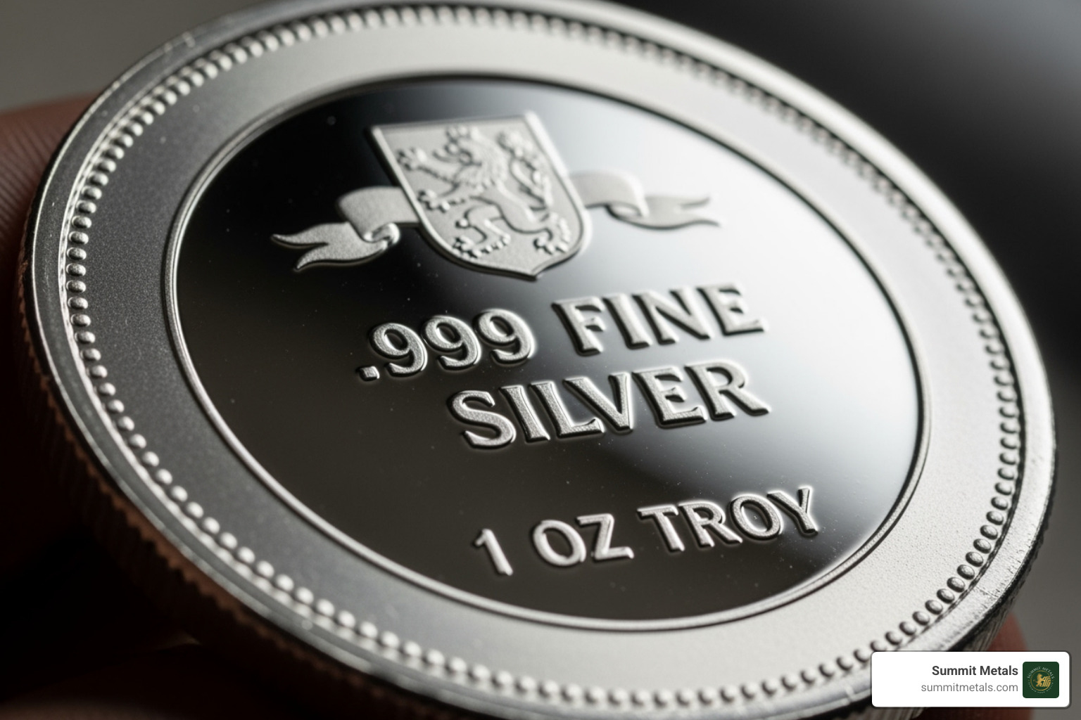 A close-up on a silver round showing the .999 Fine Silver purity stamp - Buy silver rounds