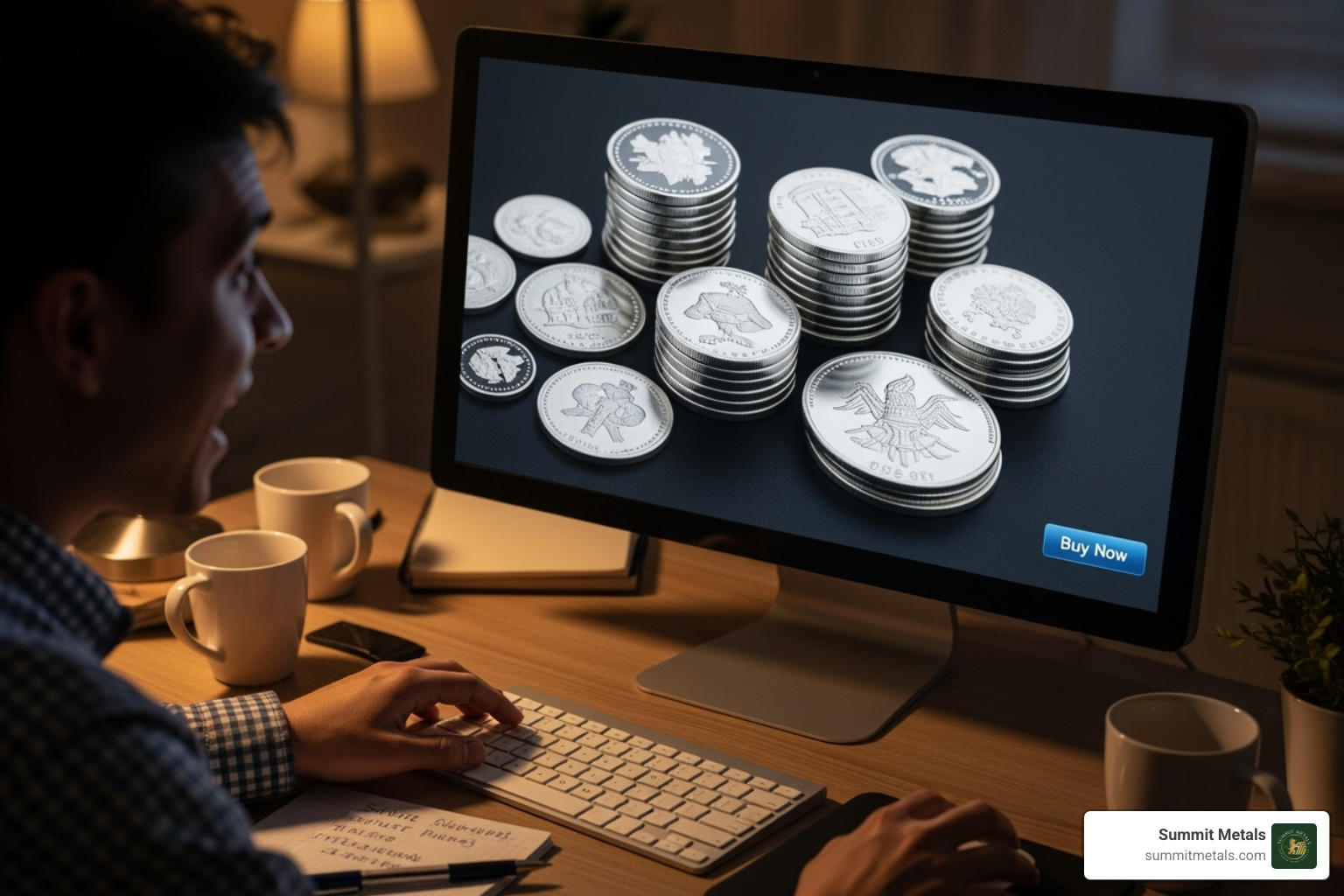 A person at a desk, looking at silver rounds on their computer screen, ready to purchase - Buy silver rounds