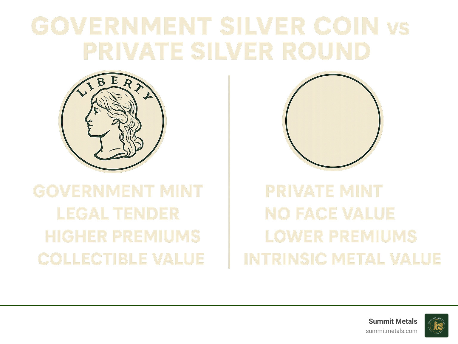 Infographic showing side-by-side comparison of a government silver coin versus a private silver round, highlighting key differences: government mint vs private mint, legal tender status vs no face value, higher premiums vs lower premiums, and collectible value vs intrinsic metal value - Buy silver rounds infographic 