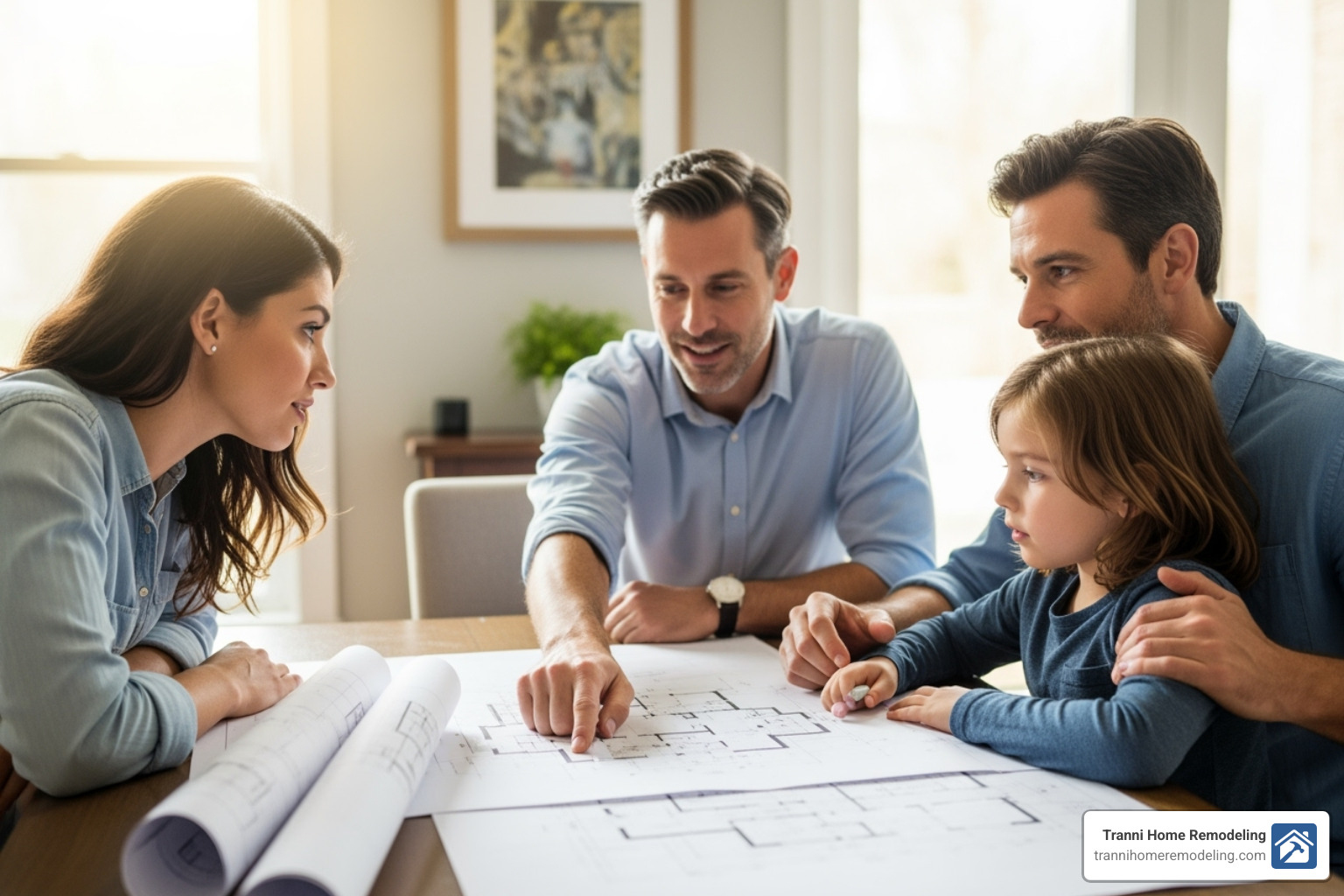 family looking over architectural plans with a contractor - add a room