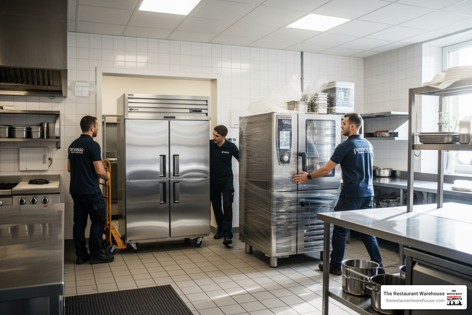 New, shiny stainless steel kitchen equipment being delivered to a restaurant - restaurant equipment finance calculator New, shiny stainless steel kitchen equipment being delivered to a restaurant - restaurant equipment finance calculator