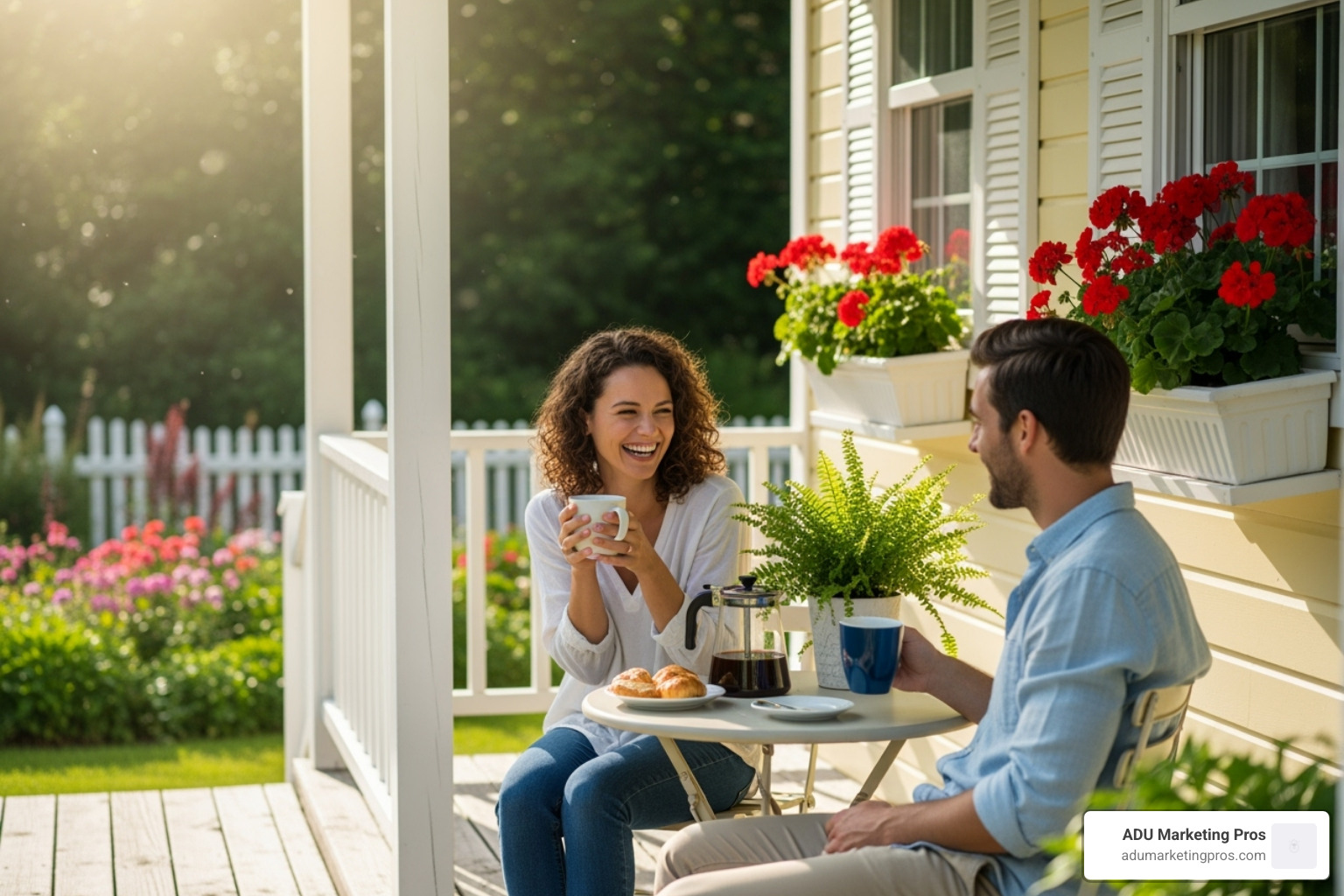 a happy couple enjoying a cup of coffee on the porch of their beautiful small house - small houses
