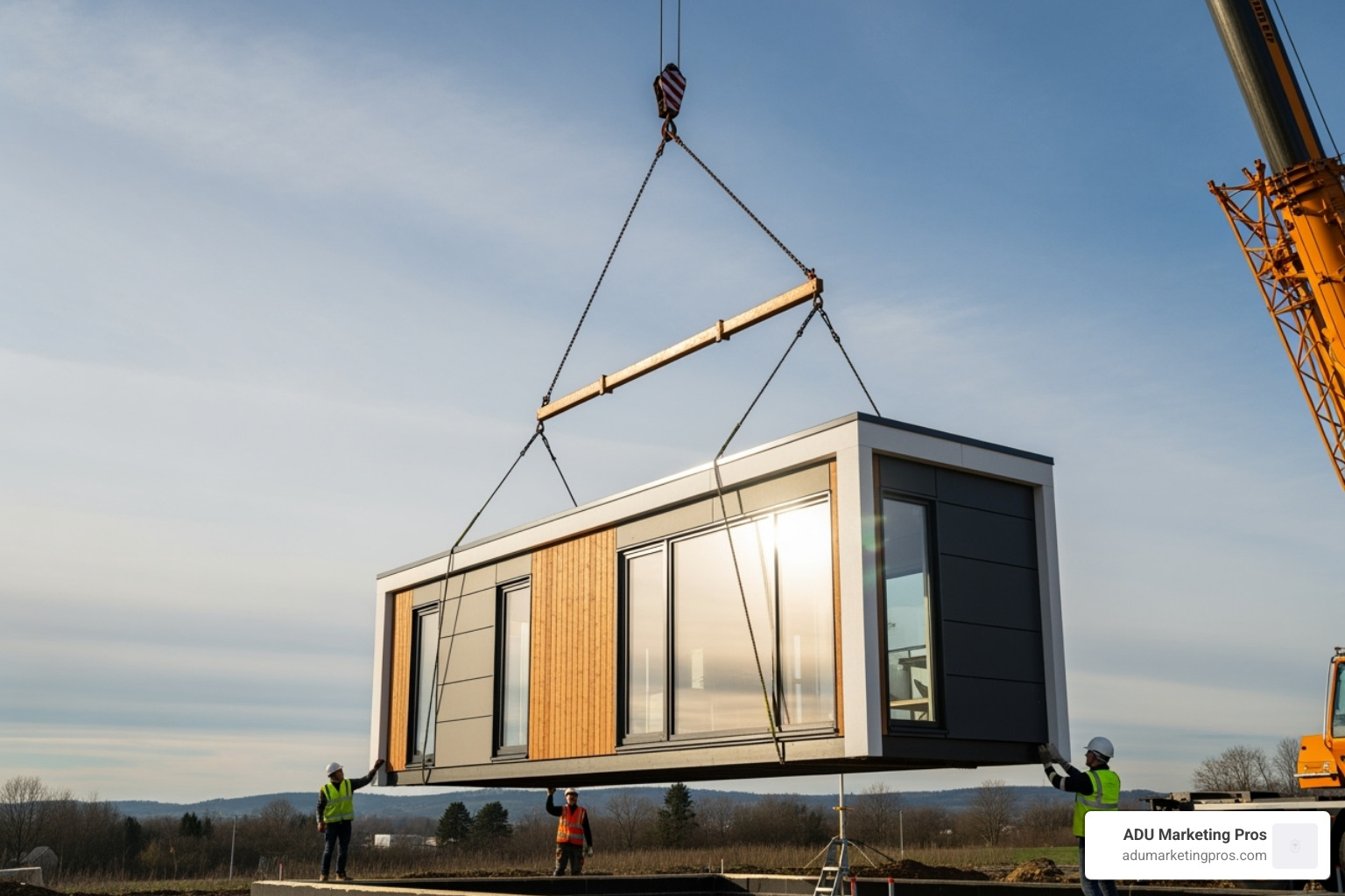 a modular small house section being craned into place - small houses
