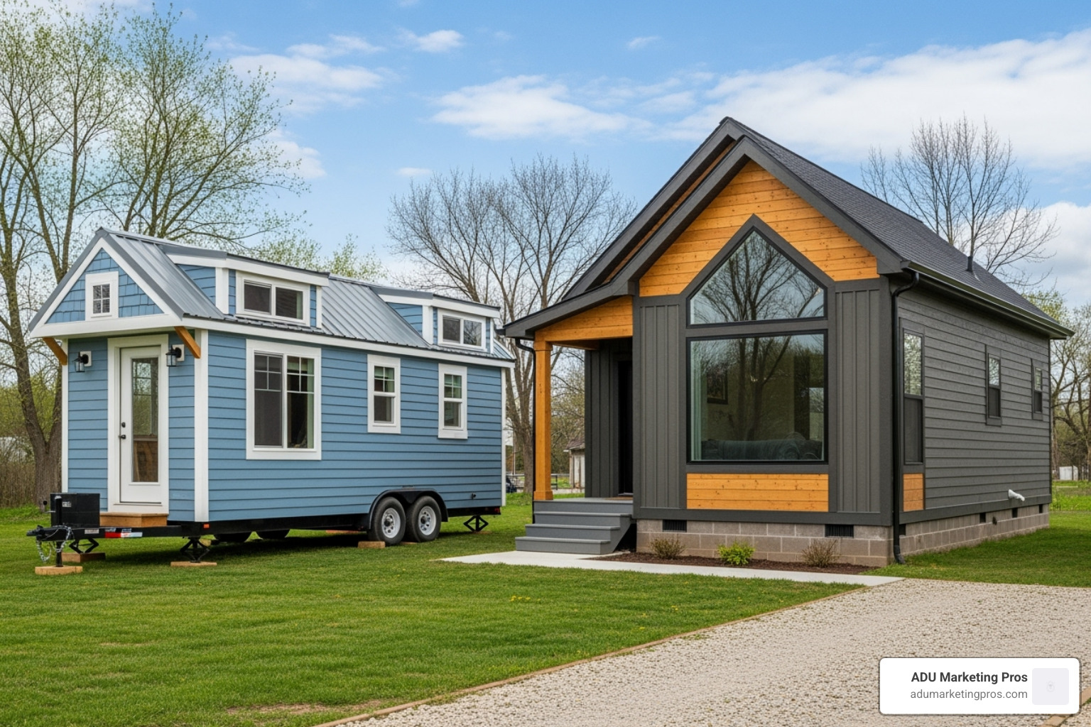 a stylish small house on a permanent foundation next to a tiny house on wheels to illustrate the difference - small houses