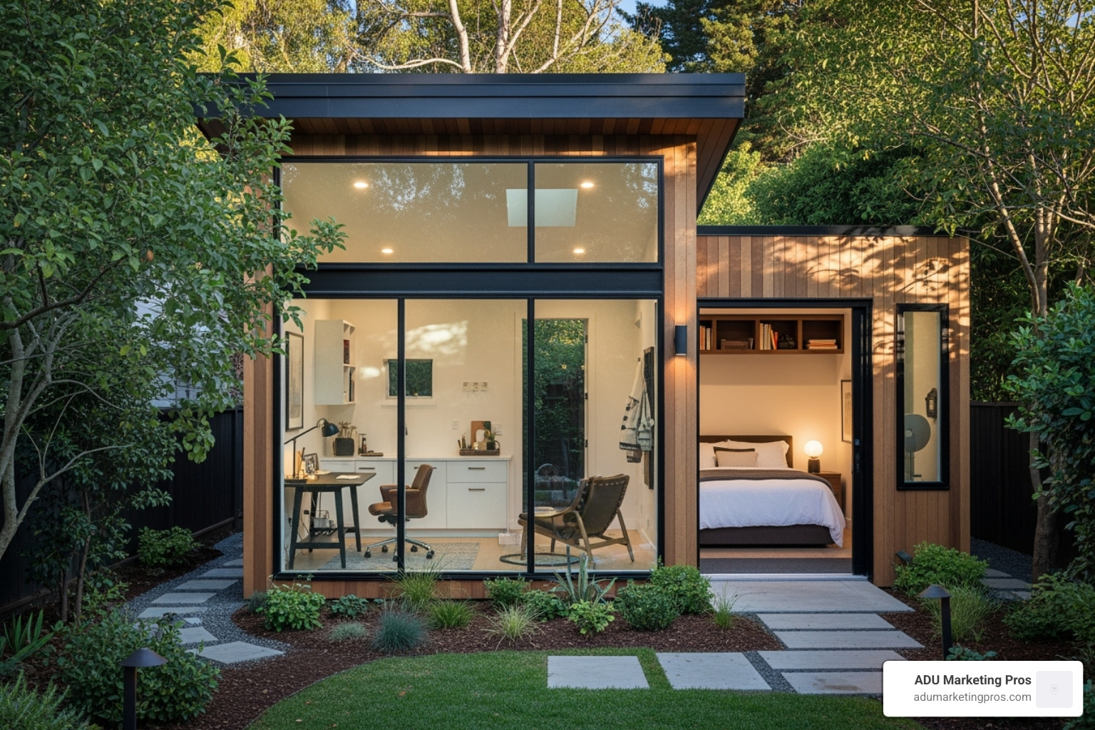 a beautifully designed small house being used as a backyard office and guest suite (ADU) - small houses