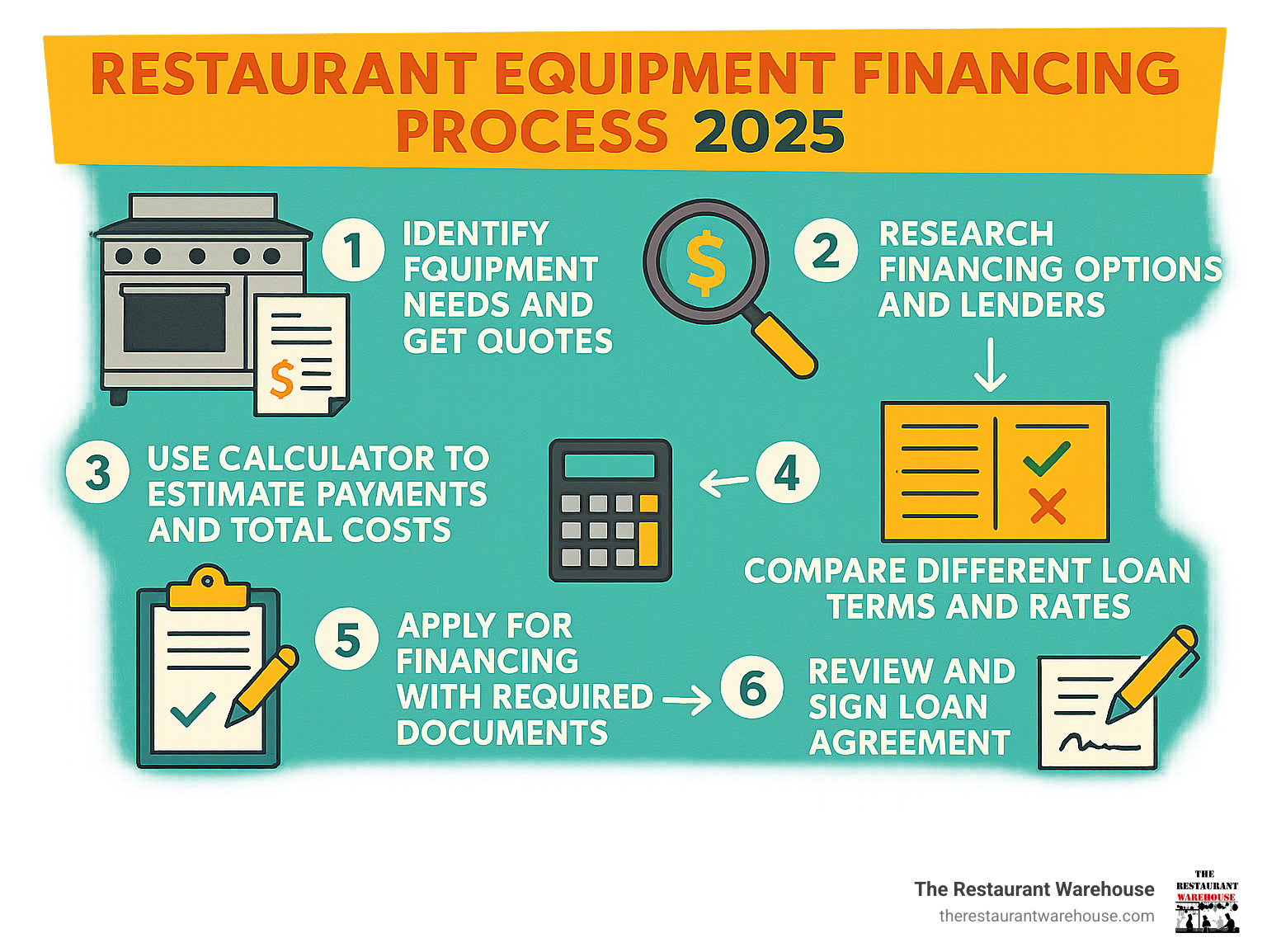 Infographic showing the restaurant equipment financing process: Step 1 - Identify equipment needs and get quotes, Step 2 - Research financing options and lenders, Step 3 - Use calculator to estimate payments and total costs, Step 4 - Compare different loan terms and rates, Step 5 - Apply for financing with required documents, Step 6 - Review and sign loan agreement - restaurant equipment finance calculator infographic Infographic showing the restaurant equipment financing process: Step 1 - Identify equipment needs and get quotes, Step 2 - Research financing options and lenders, Step 3 - Use calculator to estimate payments and total costs, Step 4 - Compare different loan terms and rates, Step 5 - Apply for financing with required documents, Step 6 - Review and sign loan agreement - restaurant equipment finance calculator infographic