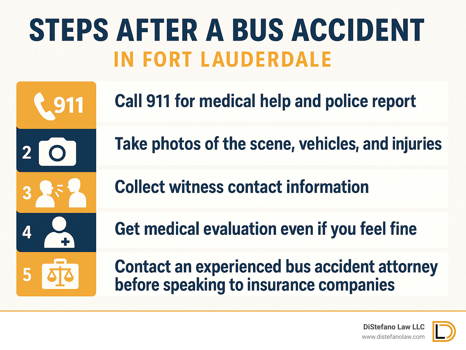 Infographic showing 5 immediate steps after a bus accident in Fort Lauderdale: 1. Call 911 for medical help and police report, 2. Take photos of the scene, vehicles, and injuries, 3. Collect witness contact information, 4. Get medical evaluation even if you feel fine, 5. Contact an experienced bus accident attorney before speaking to insurance companies - bus accident attorney fort lauderdale infographic 