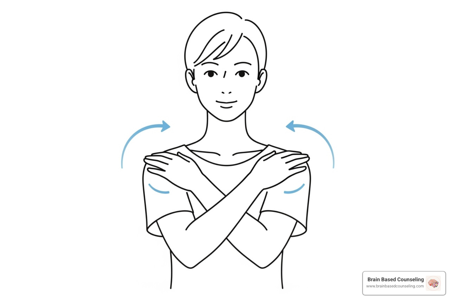 A diagram illustrating the Butterfly Hug technique with hands crossed over the chest, gently tapping shoulders, and arrows indicating rhythmic bilateral movement - emdr techniques for anxiety