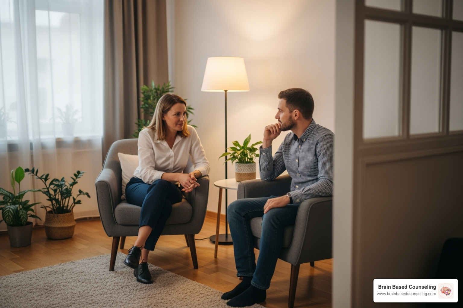 A therapeutic setting for EMDR, focusing on the safe connection between therapist and client, with a blurred background to emphasize privacy and focus - emdr techniques for anxiety