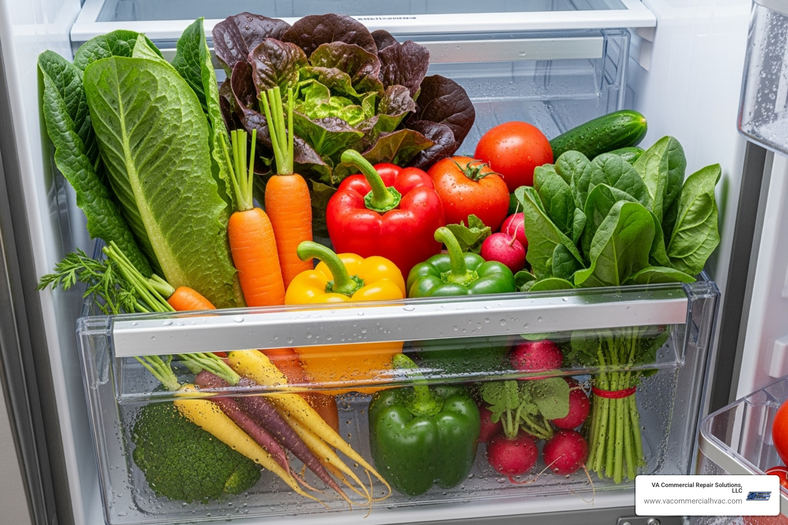 crisper drawer with fresh vegetables - refrigerator and freezer