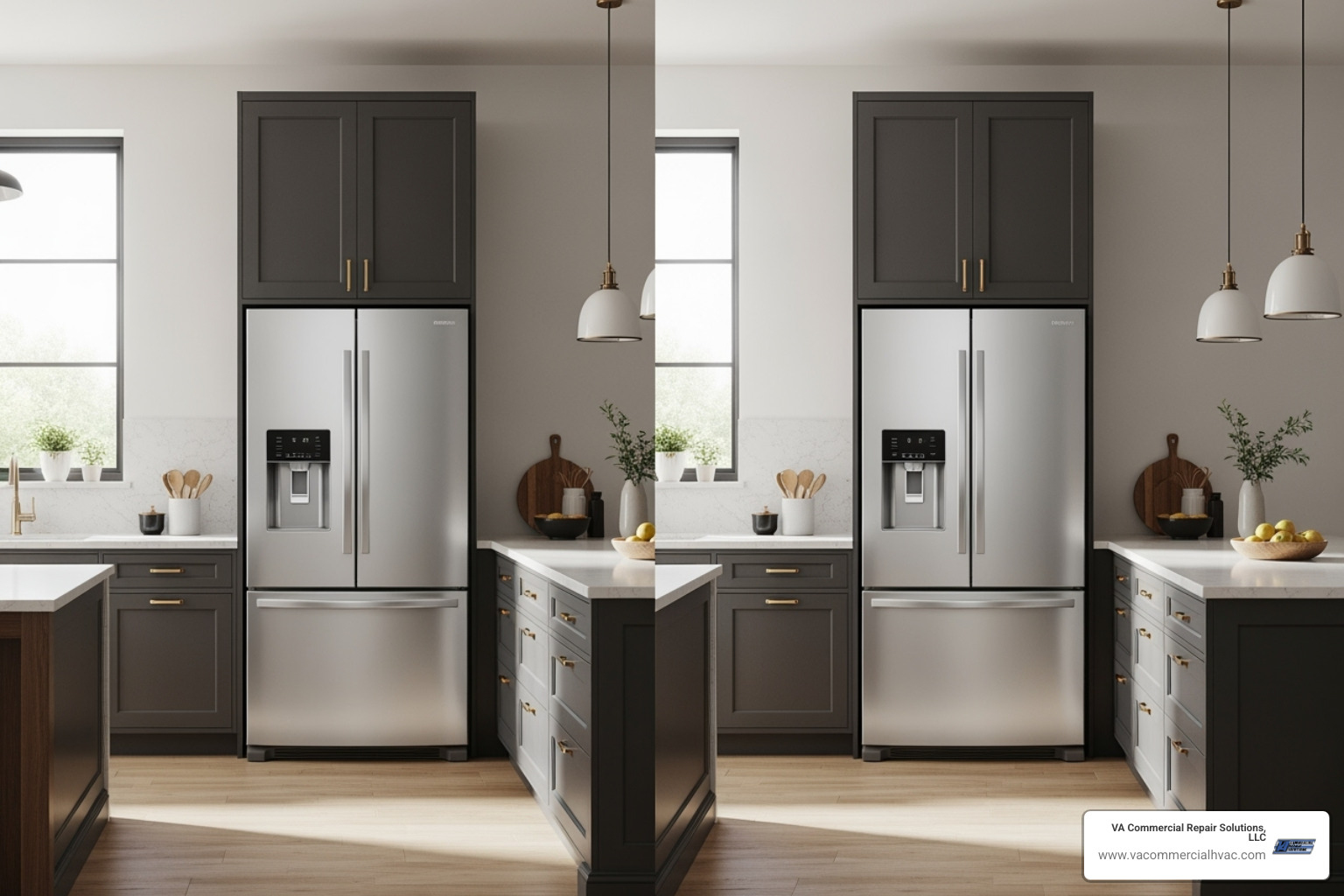 comparing a standard-depth and counter-depth refrigerator in a kitchen setting - refrigerator and freezer