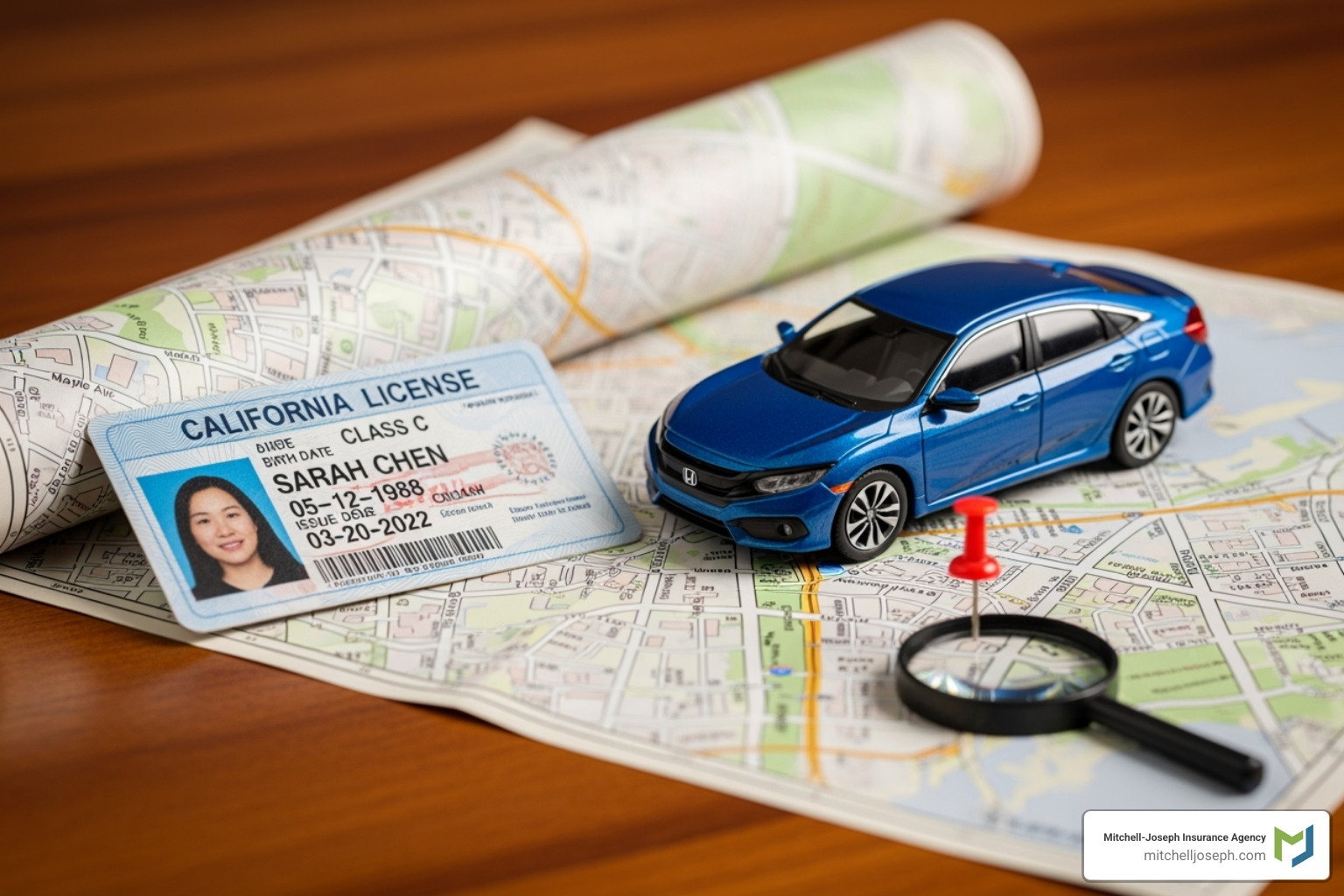 driver's license, a car, and a map location - auto insurance