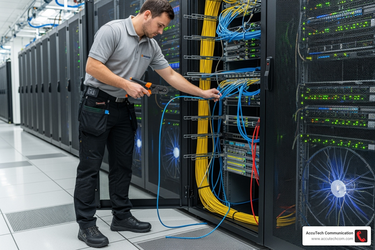 technician installing network cables in a server rack - cat 5e cables