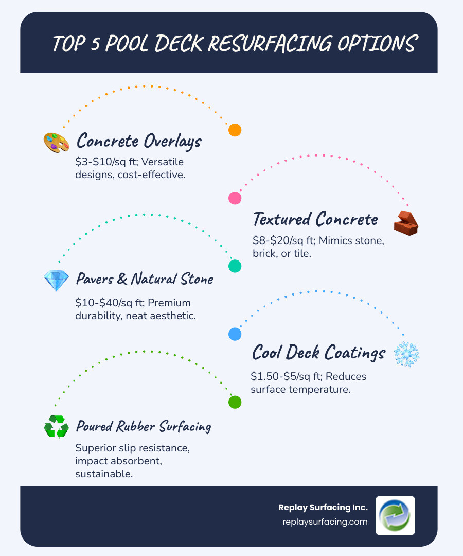 Comprehensive comparison chart showing cost, durability, slip resistance, and maintenance requirements for concrete overlays, textured concrete, pavers, cool deck coatings, and poured rubber surfacing options - pool deck resurfacing options infographic infographic-line-5-steps-blues-accent_colors
