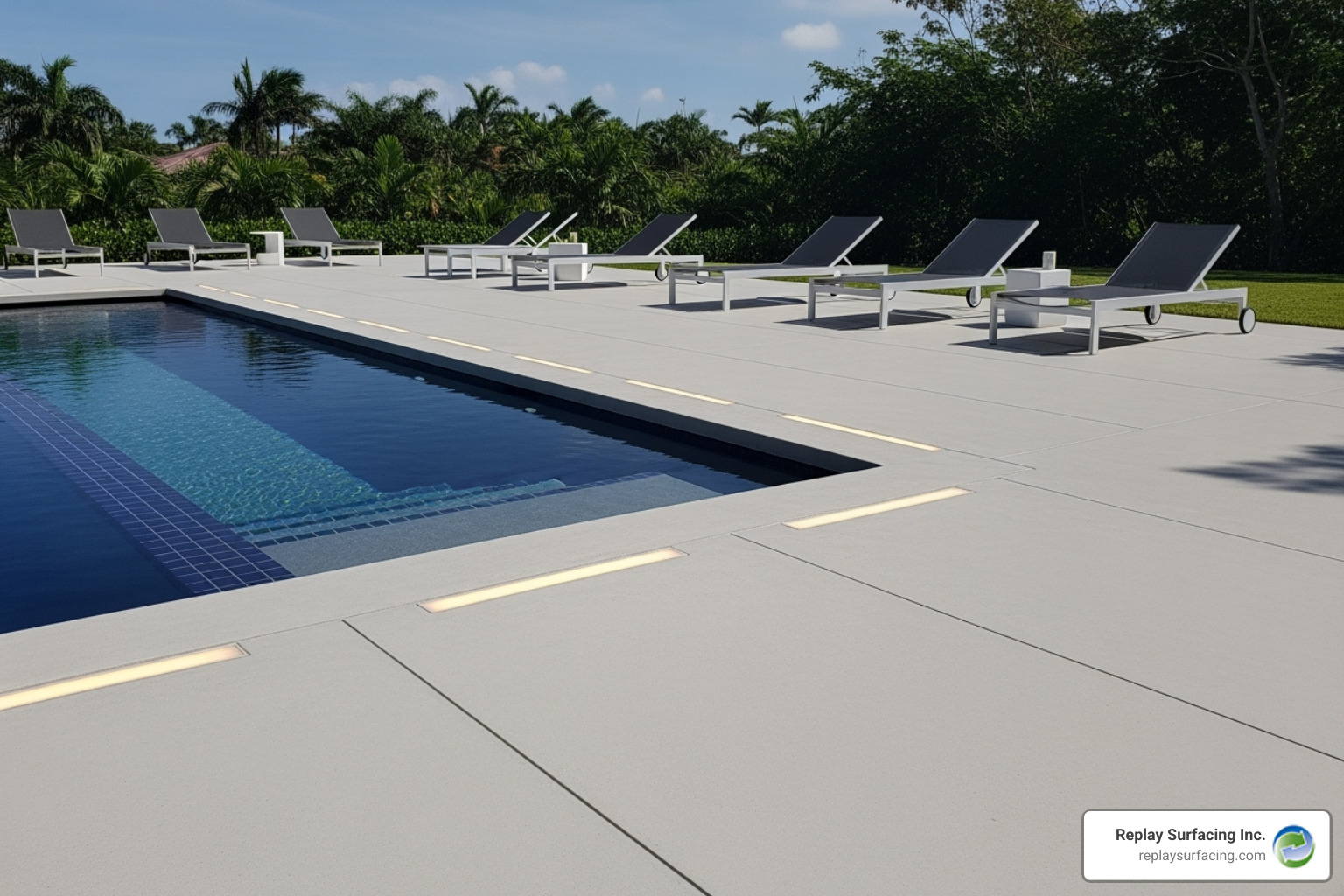 A modern concrete overlay pool deck with clean lines and a contemporary feel - pool deck resurfacing options