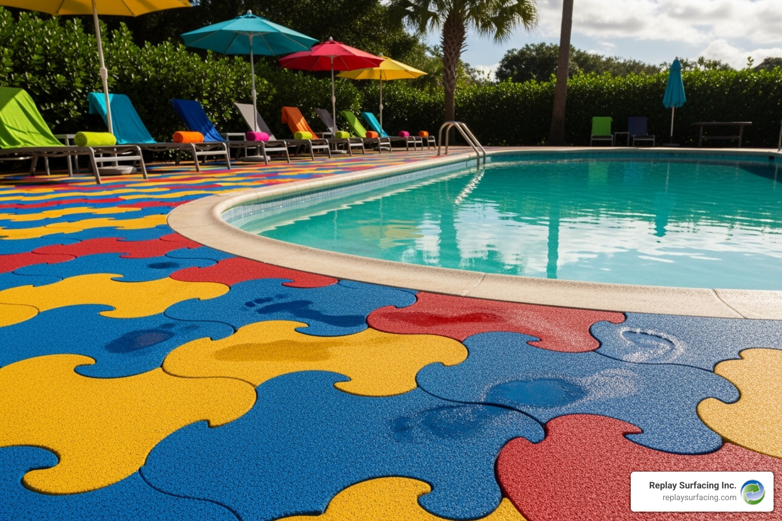 A vibrant, family-friendly poured rubber pool deck, showcasing its seamless, soft, and colorful surface - pool deck resurfacing options