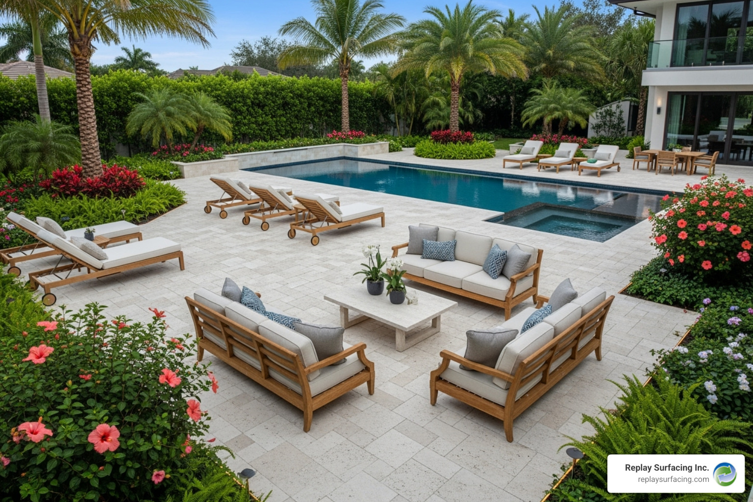 A luxurious pool deck with natural stone pavers, featuring comfortable outdoor seating and lush greenery - pool deck resurfacing options