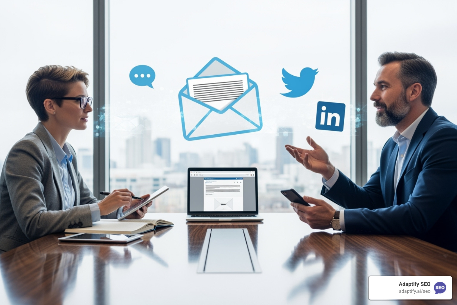 Illustration of the process of digital PR outreach, showing a journalist, a brand representative, and communication channels like email and social media - high pr backlink sites