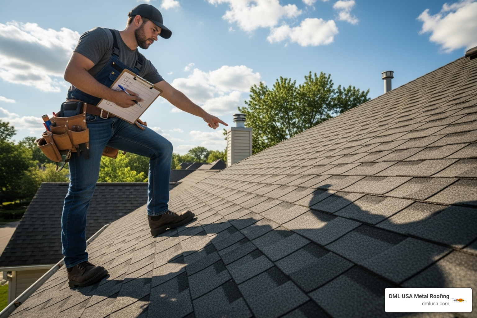 A roofer carefully inspecting an existing shingle roof, with a clipboard and checklist in hand, ensuring every detail is noted before metal roof installation over shingles - metal roof installation over shingles