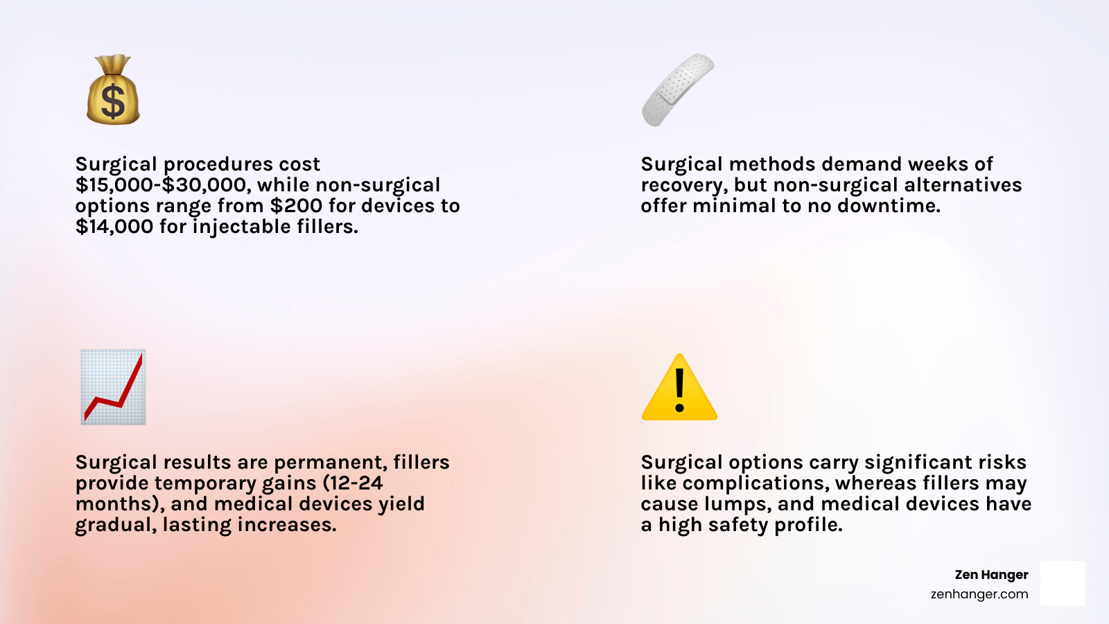 Detailed comparison infographic showing surgical vs non-surgical penis enlargement options in Southern California, including costs, recovery times, risks, and expected results for each method - penis enlargement surgery southern california infographic 4_facts_emoji_light-gradient