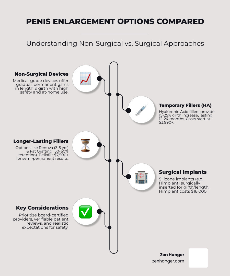 Infographic comparing non-surgical devices and injectable fillers to surgical options, focusing on safety, cost, recovery, and results - penis enlargement surgery southern california infographic infographic-line-5-steps-neat_beige