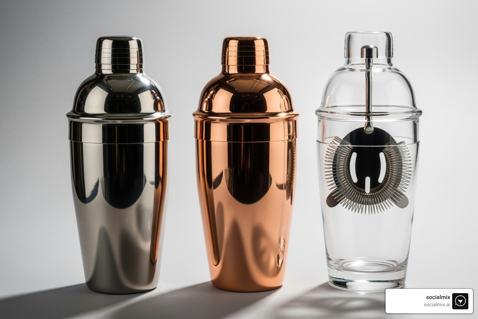 Different cocktail shaker materials including stainless steel, copper, and glass - best alcohol shaker