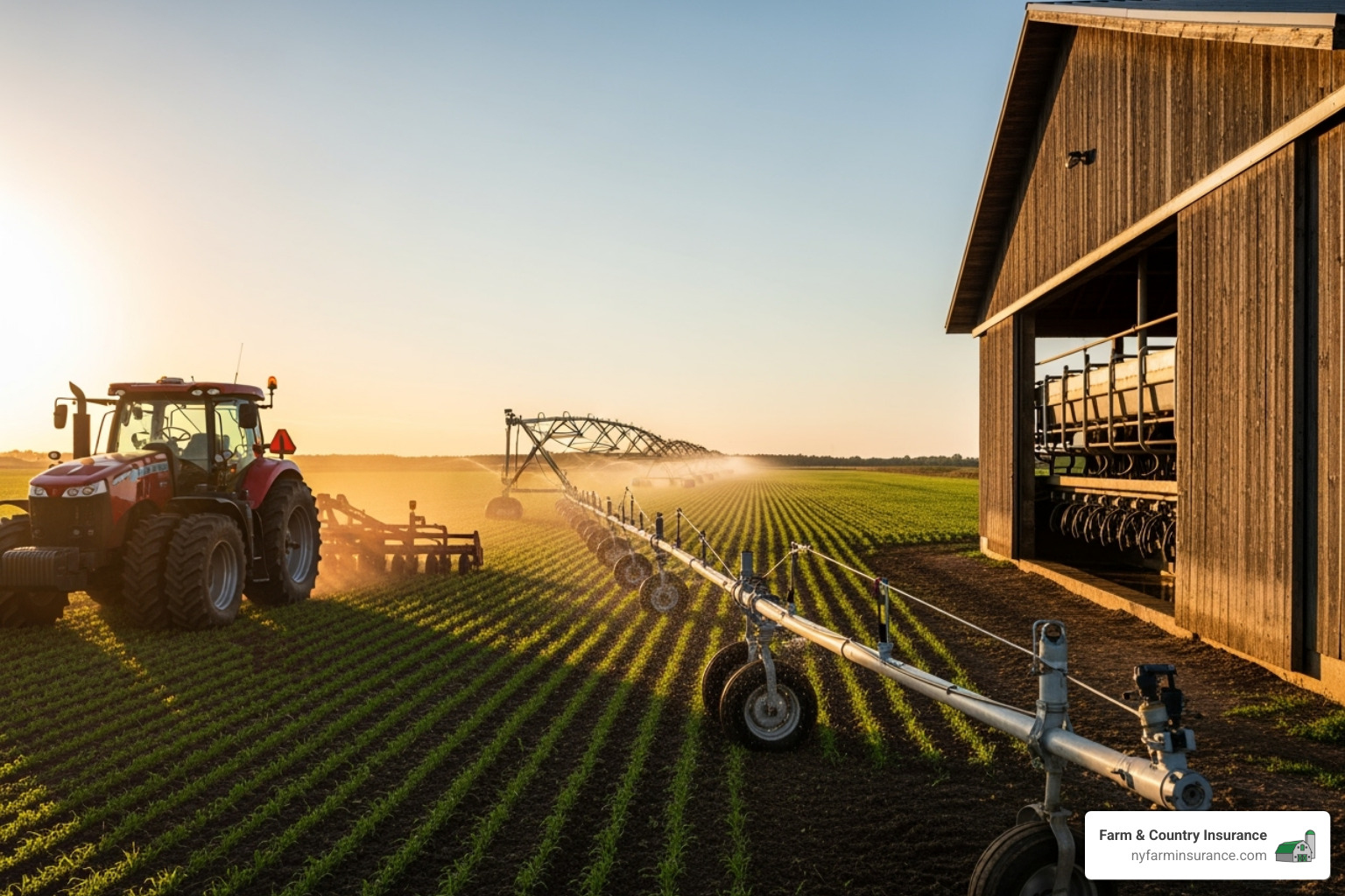 Various farm equipment including an irrigation pivot, a tractor, and a milking system - farm equipment breakdown insurance