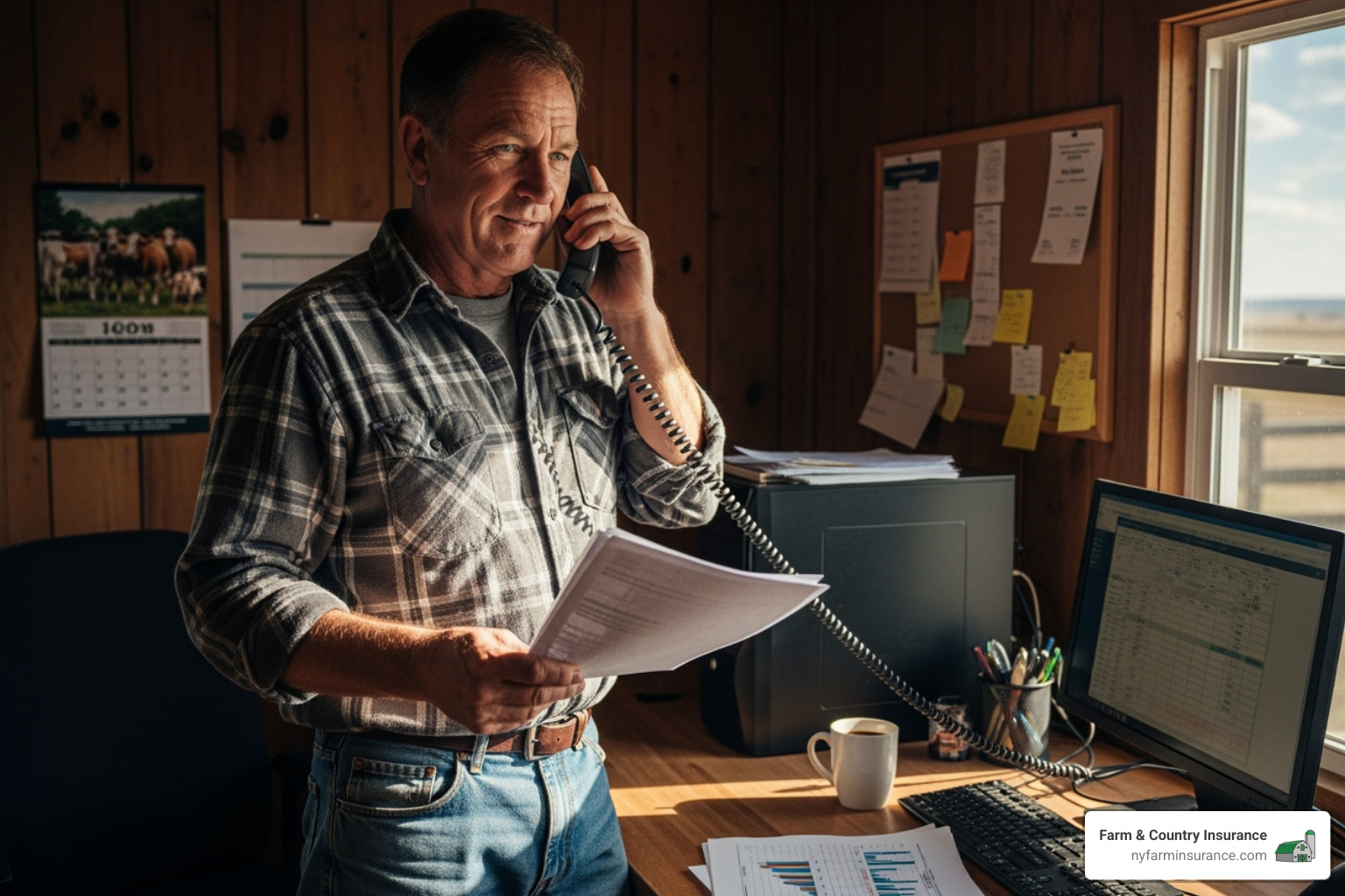 A farmer on the phone with an agent, with documentation in hand - farm equipment breakdown insurance